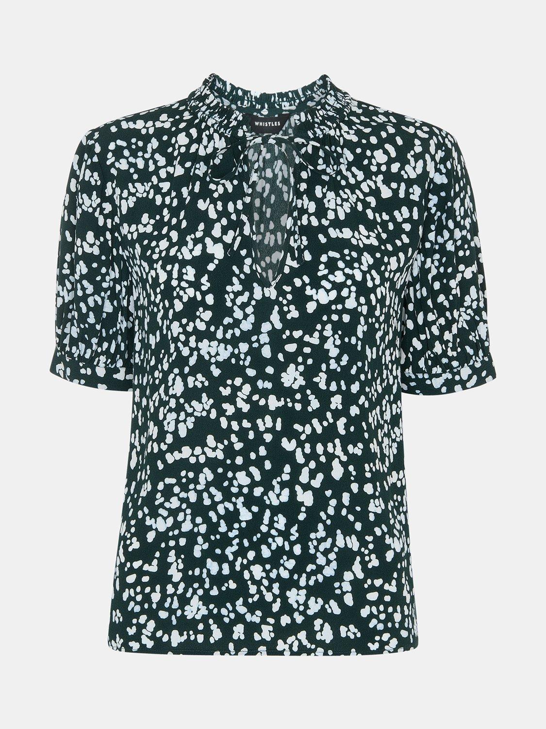 Product image 5 of 5, which shows Whistles Spot Print Tie Neck Short Sleeve Blouse, Teal/Multi, 6