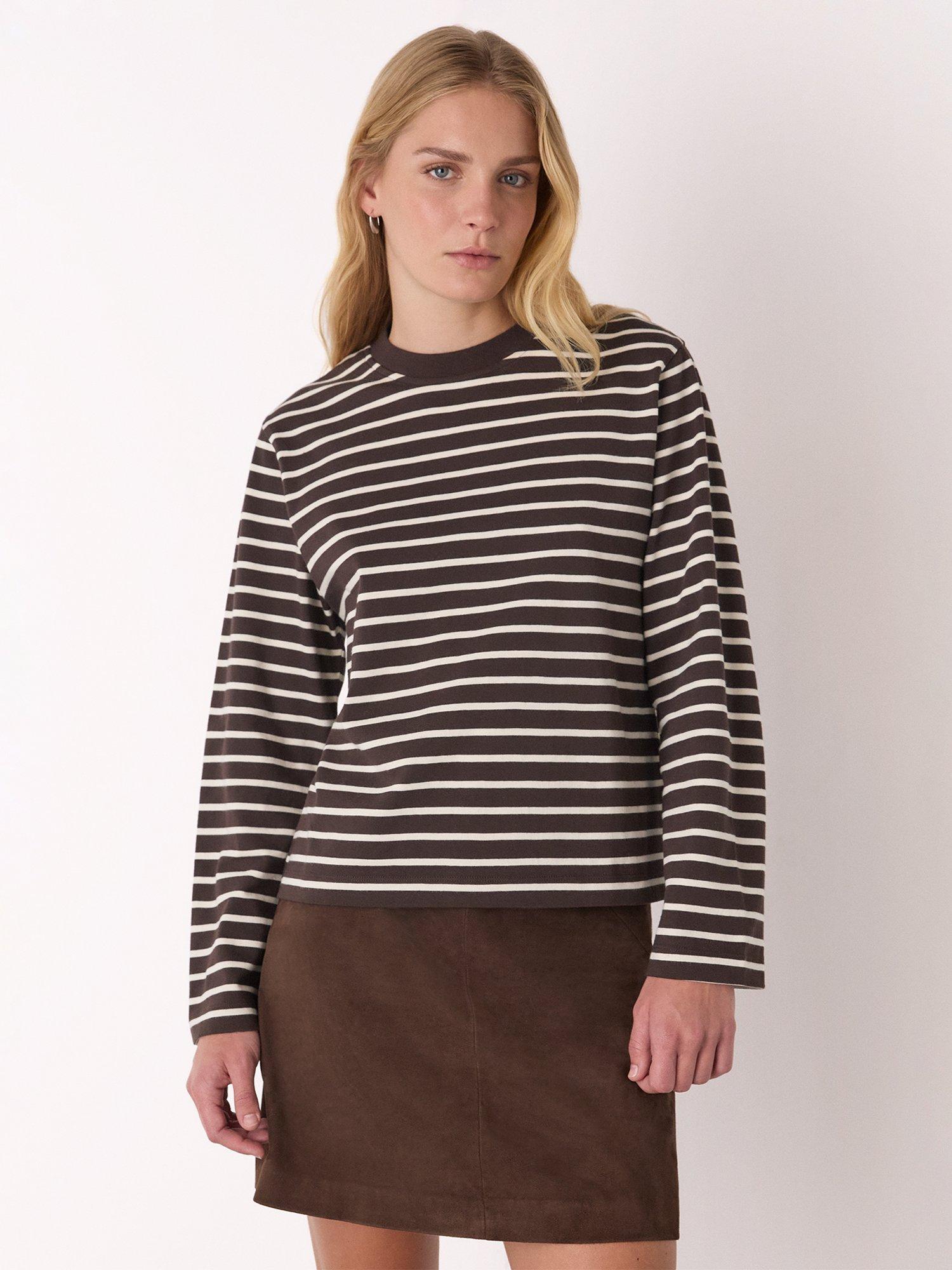 Product image 1 of 5, which shows Whistles Stripe Jersey Top, Brown/Multi, XS