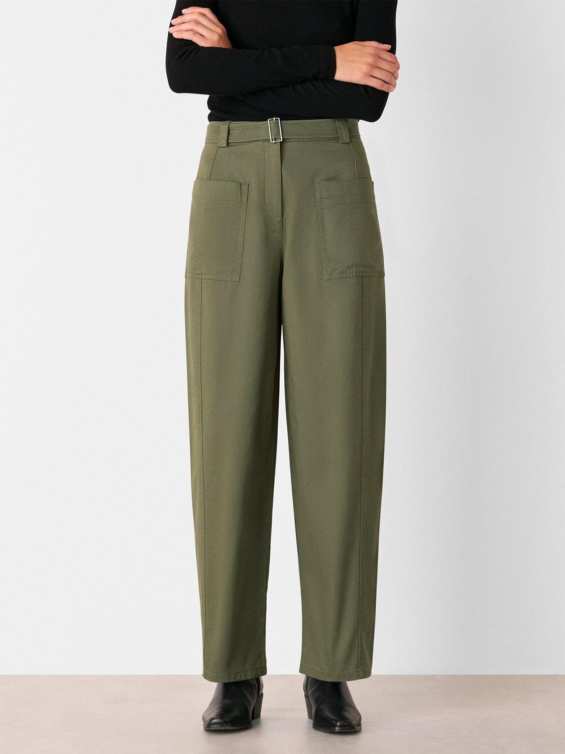 Product image 1 of 5, which shows Whistles Belted Barrel Leg Trousers, Khaki, 6