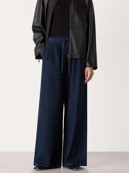 Whistles Wide Leg Pleated Cotton Trousers, Dark Blue