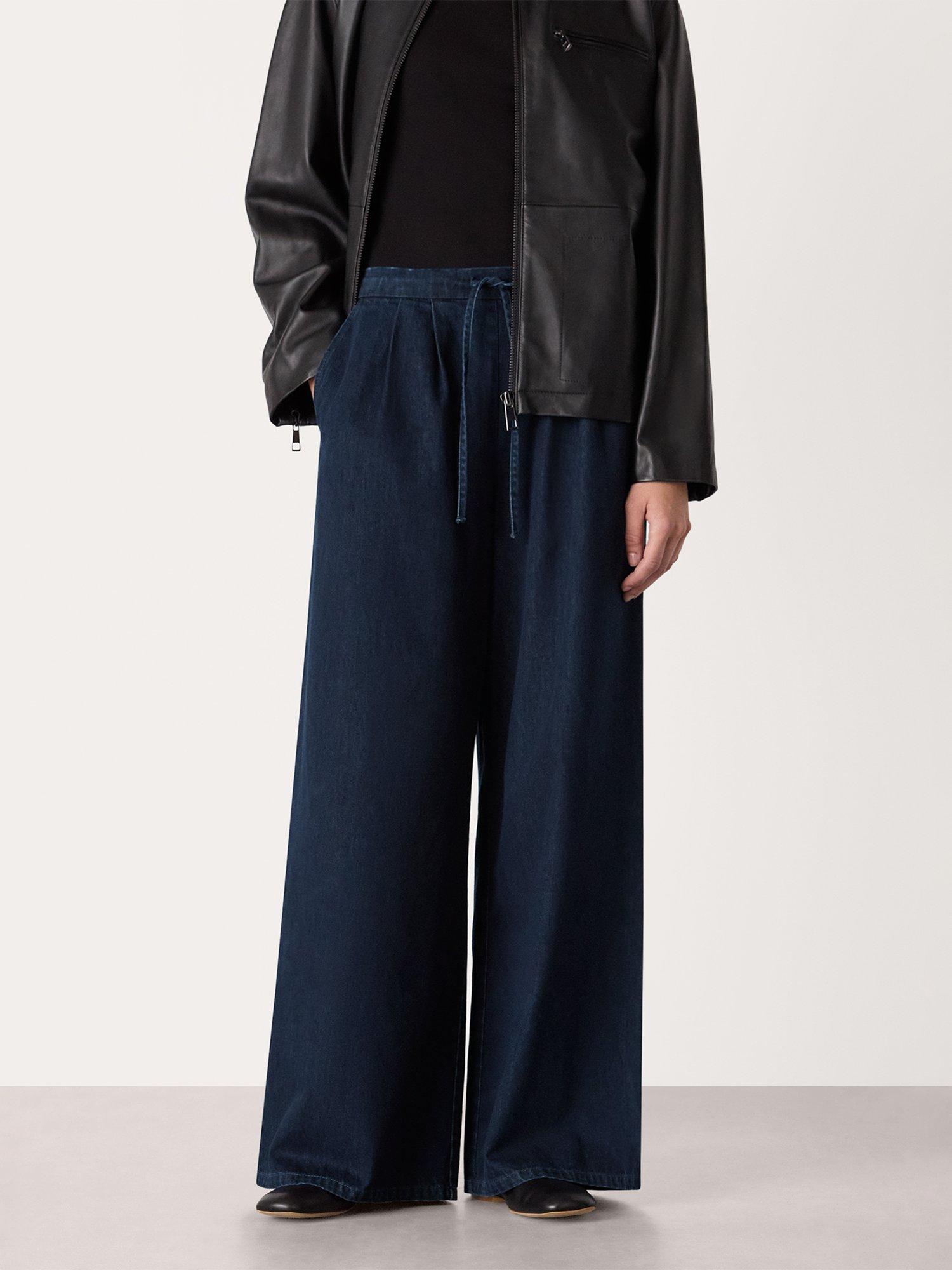 Product image 1 of 5, which shows Whistles Petite Cotton Wide Leg Trousers, Dark Blue, 12