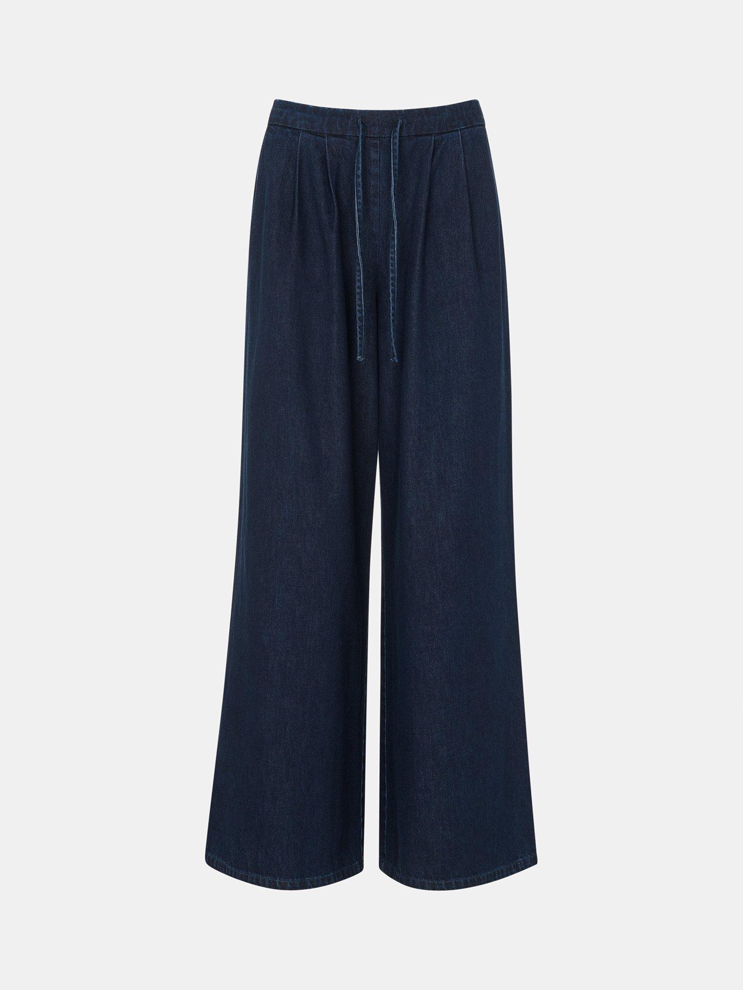 Product image 5 of 5, which shows Whistles Petite Cotton Wide Leg Trousers, Dark Blue, 12