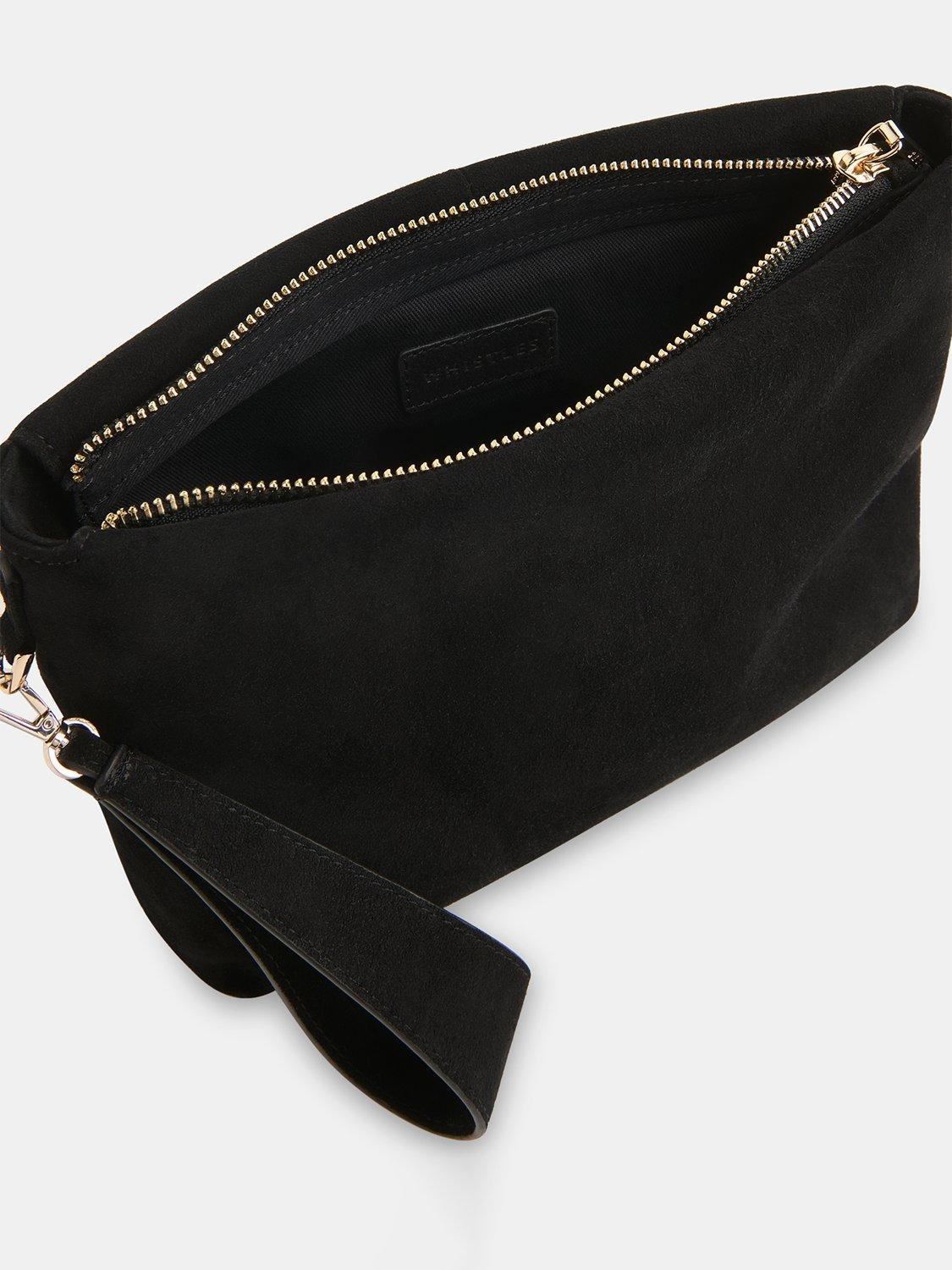 Product image 4 of 5, which shows Whistles Avah Zip Top Suede Clutch Bag, Black, One Size