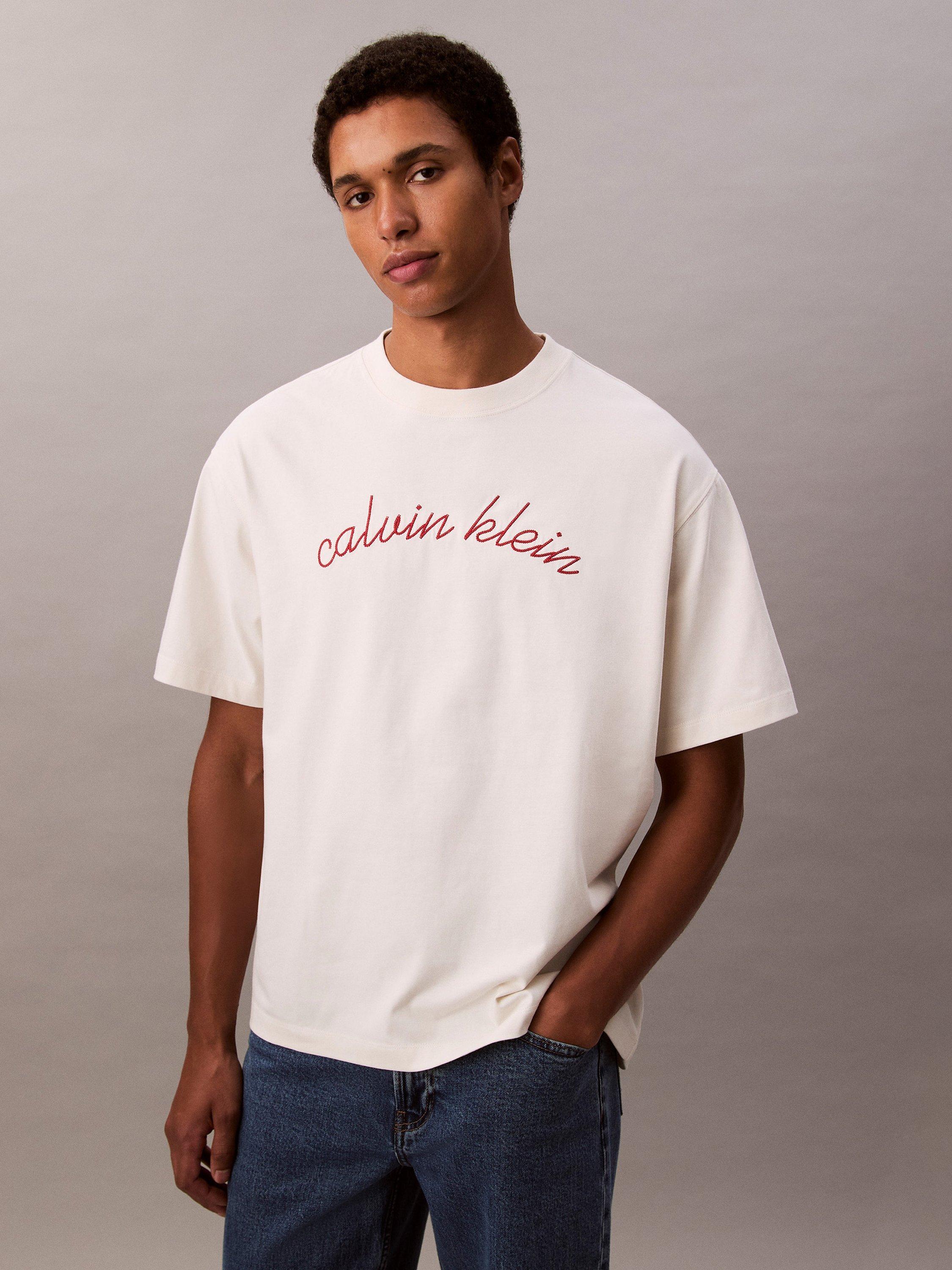 Product image 1 of 5, which shows Calvin Klein Embroidered Logo Cotton T-Shirt, Tofu, XS