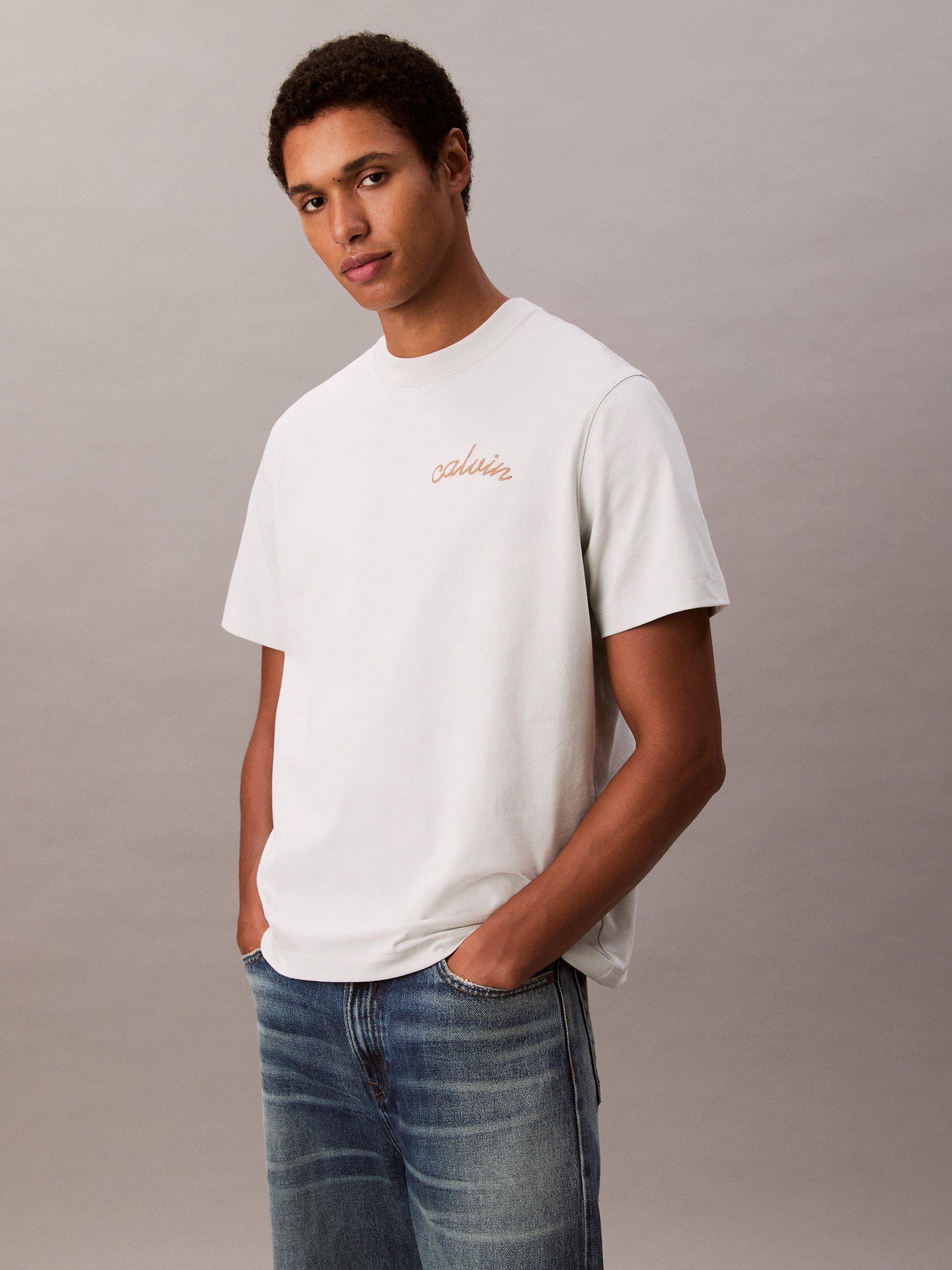 Product image 1 of 5, which shows Calvin Klein Embroidered Logo Cotton T-Shirt, Glacier, XS