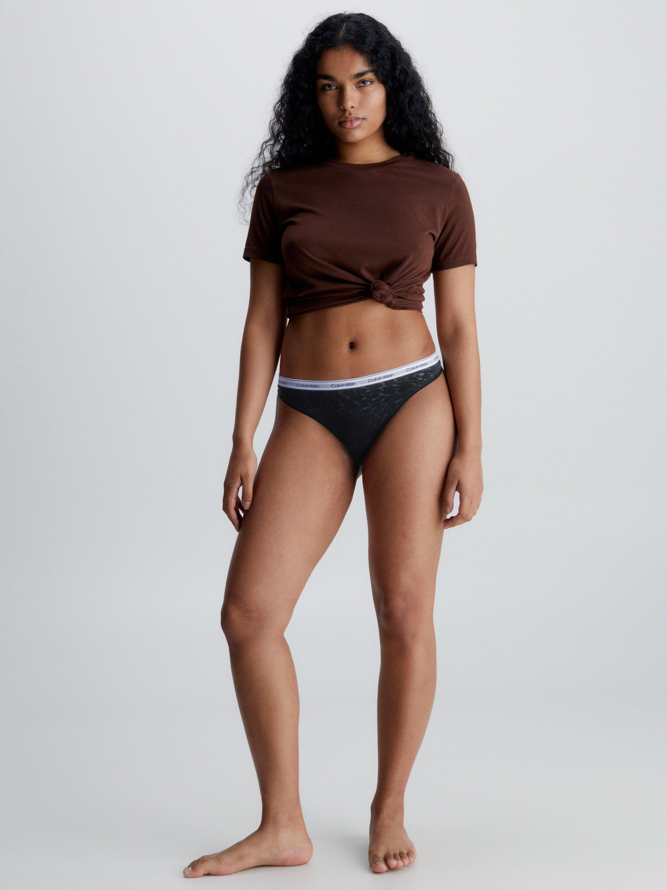 Product image 2 of 4, which shows Calvin Klein Leopard Lace High Leg Thong, Black, XS