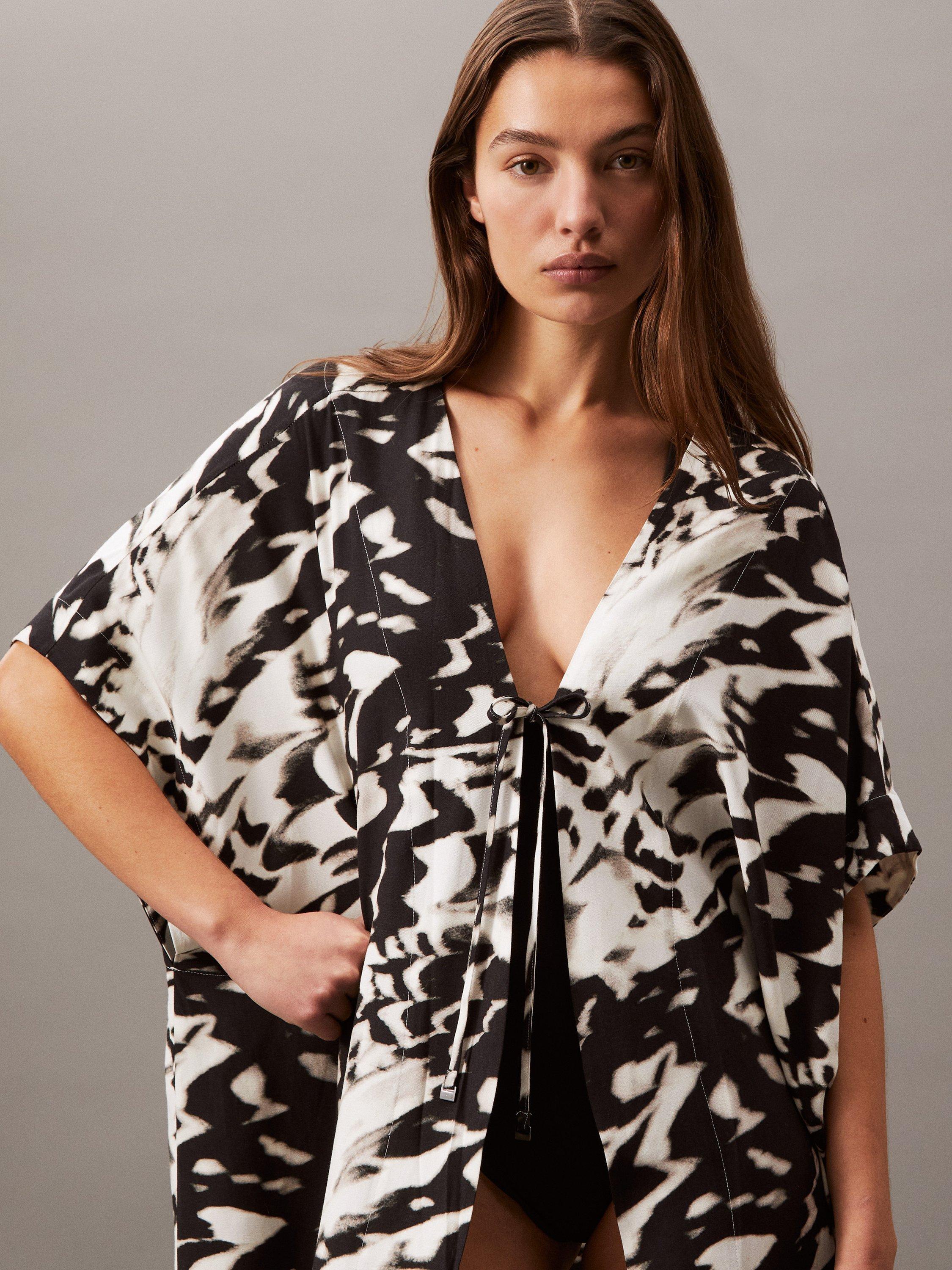 Product image 3 of 5, which shows Calvin Klein Viscose Linen Blend Kaftan, Shell/Black, XS