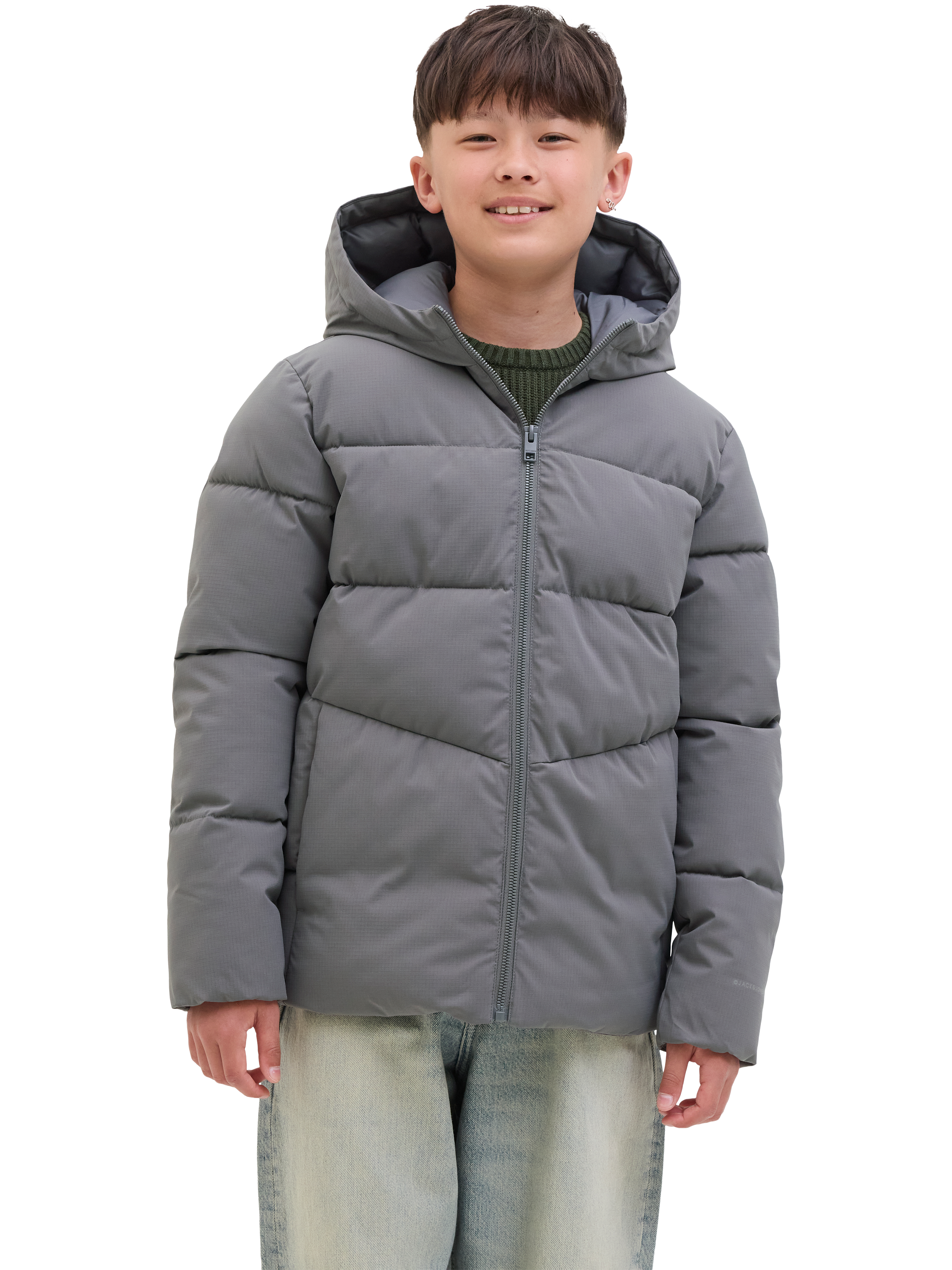 Product image 1 of 7, which shows Jack & Jones Kids' Global Hooded Puffer Jacket, Castlerock, 10 years