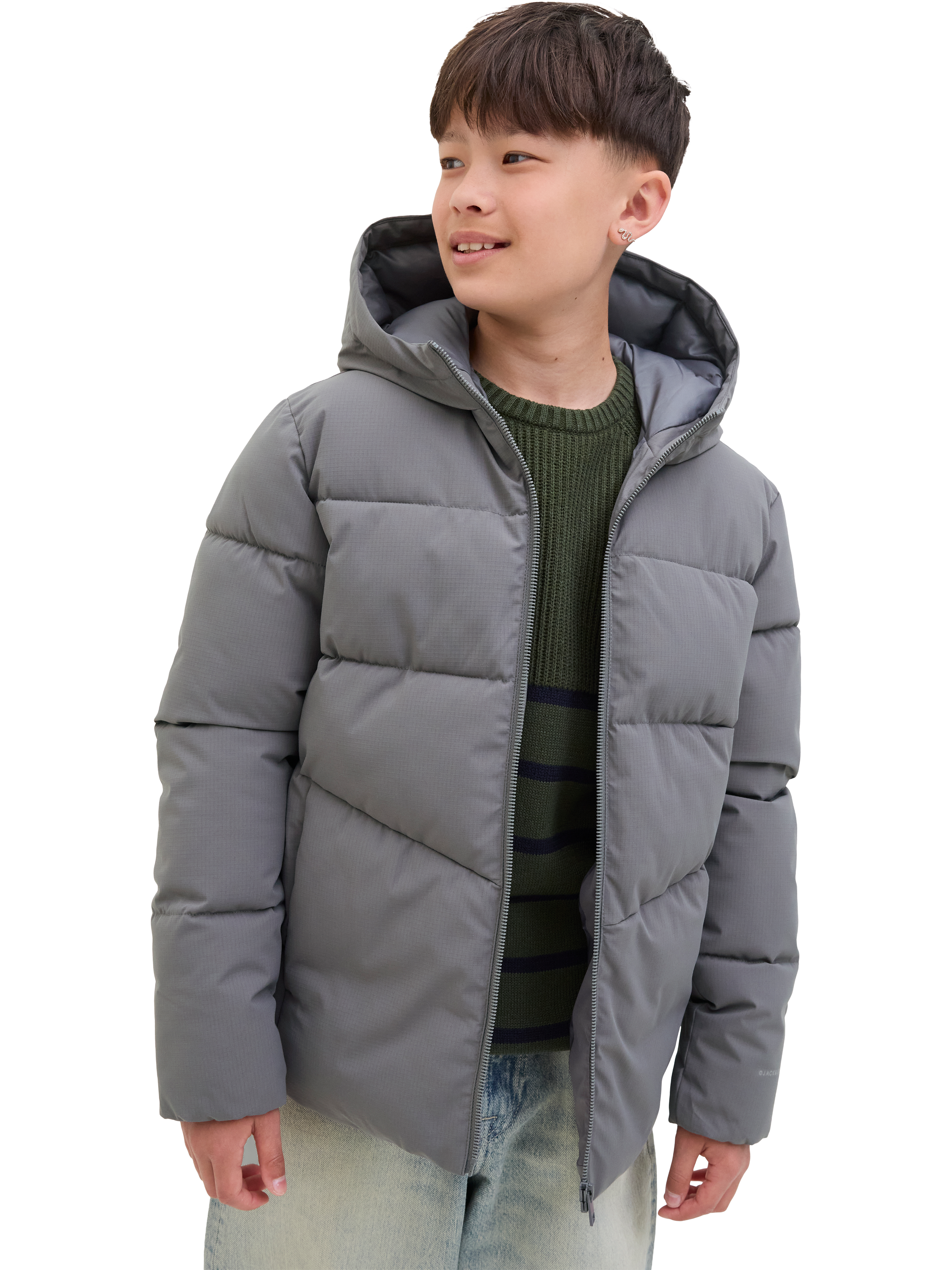 Product image 3 of 7, which shows Jack & Jones Kids' Global Hooded Puffer Jacket, Castlerock, 10 years