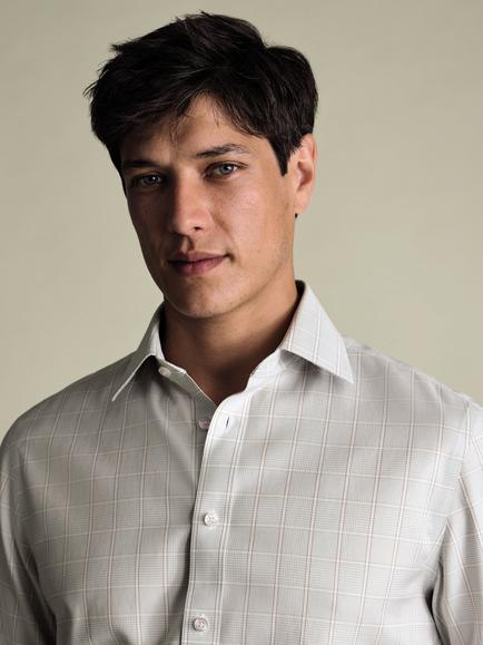 Charles Tyrwhitt Cotton Check Long Sleeve Collar Shirt - view 2, Neutral Slv