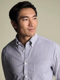 Charles Tyrwhitt Cotton Blend Stripe Long Sleeve Collar Shirt - view 2, Grey Blue Stripe