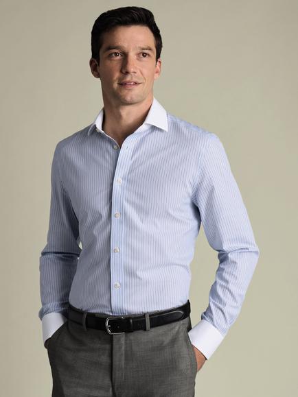 Charles Tyrwhitt Winchester Cotton Stripe Long Sleeve Collar Shirt, Mid Blue