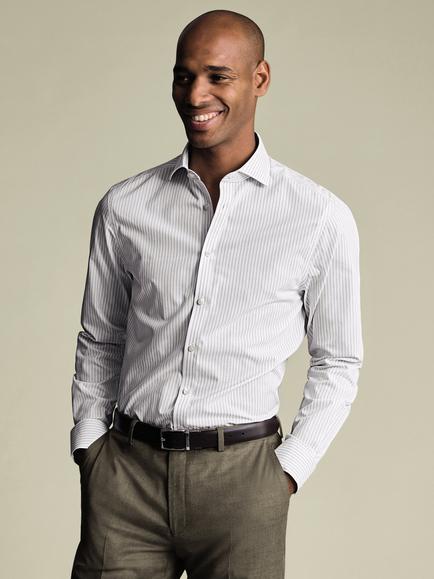 Charles Tyrwhitt Cotton Stripe Long Sleeve Collar Shirt, Grey