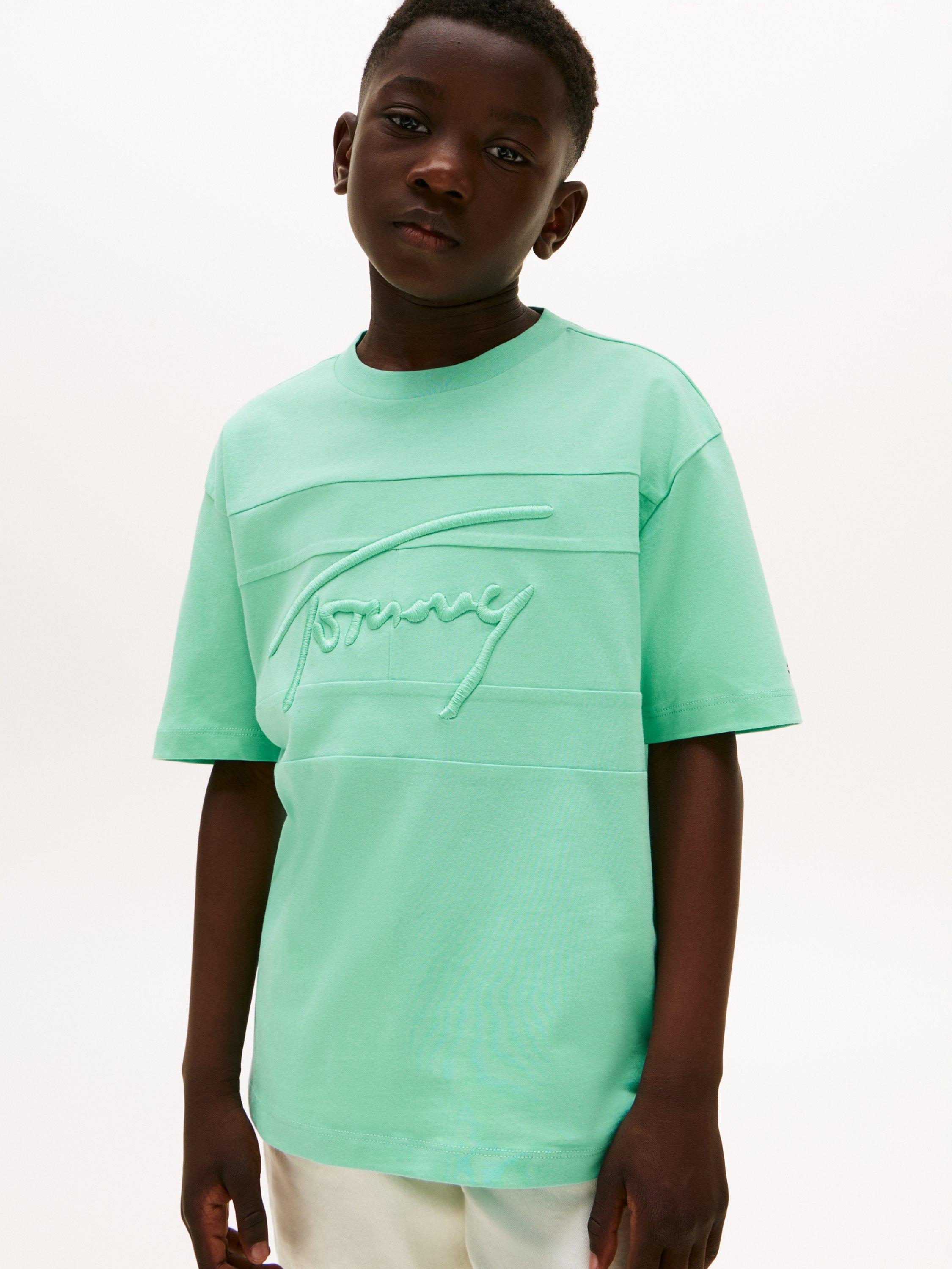 Product image 1 of 5, which shows Tommy Hilfiger Kids' Embroidered Logo Cotton T-Shirt, Mint Green, 7 years