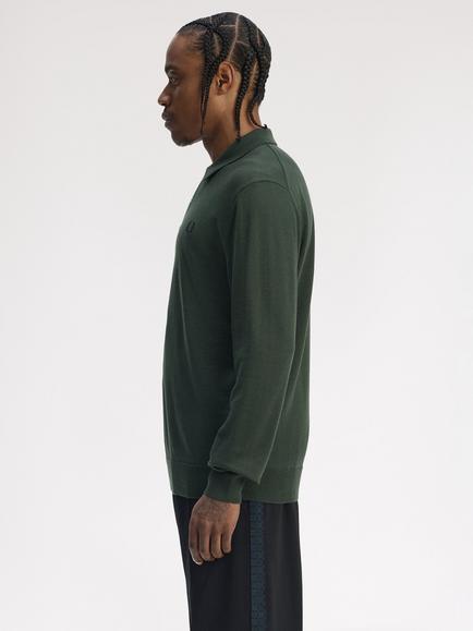 Fred Perry Wool Blend Regular Fit Long Sleeve Knit Polo Shirt, Court Green - view 2, Court Green