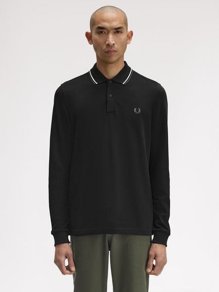 Fred Perry Long Sleeve Twin Tipped Cotton Polo Shirt, Blk/Ecr/Lrlwgren, Blk/Ecr/Lrlwgren