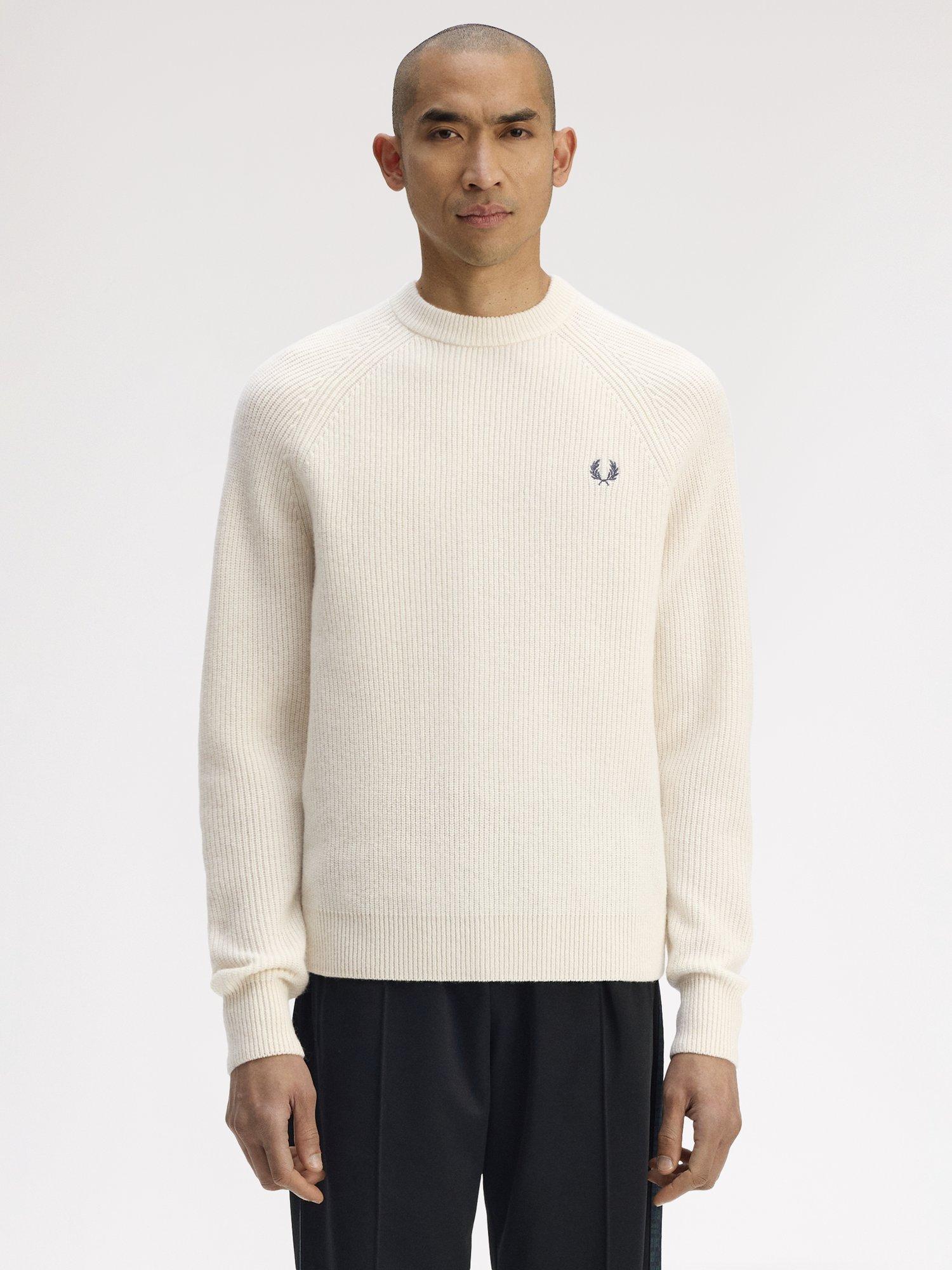 Product image 1 of 5, which shows Fred Perry Crew Neck Raglan Sleeve Wool Jumper, Ecru, S