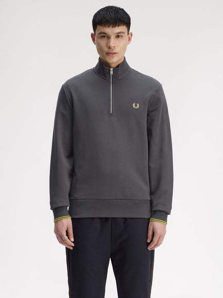 Fred Perry Half Zip Cotton Sweatshirt, Ancgr/Tnnsblyell, Ancgr/Tnnsblyell