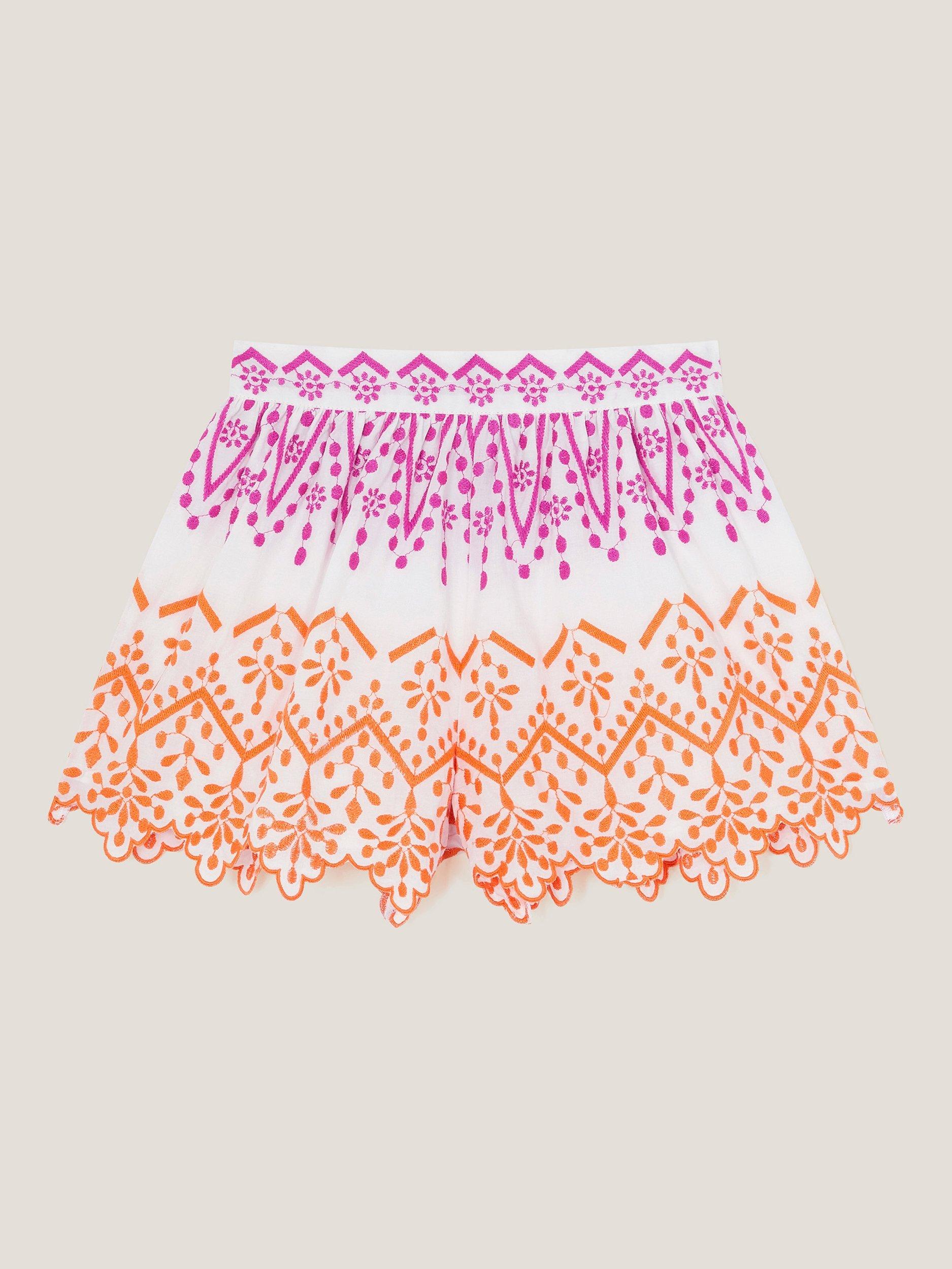 Product image 2 of 4, which shows Monsoon Kids' Cotton Embroidered Scalloped Hem Shorts, White, 5-6 years