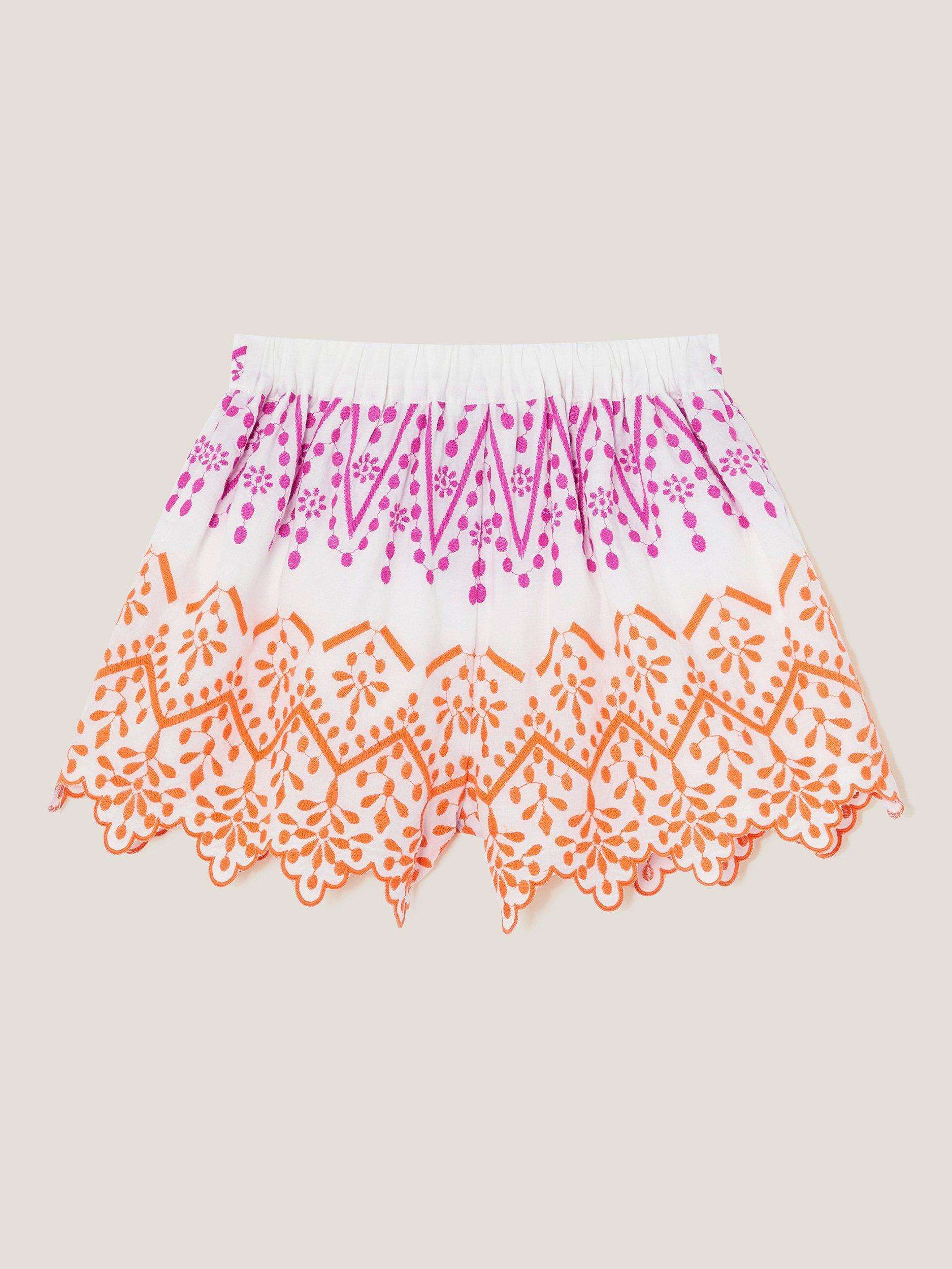 Product image 3 of 4, which shows Monsoon Kids' Cotton Embroidered Scalloped Hem Shorts, White, 5-6 years