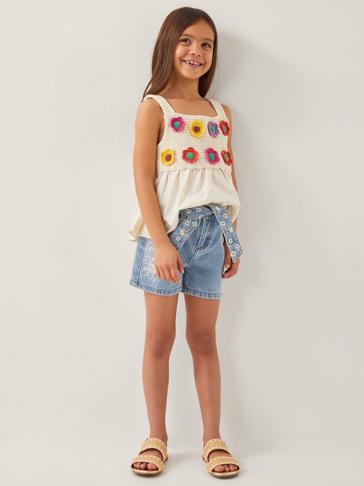 Product image 1 of 4, which shows Monsoon Kids' Floral Denim Shorts, Blue, 5 years