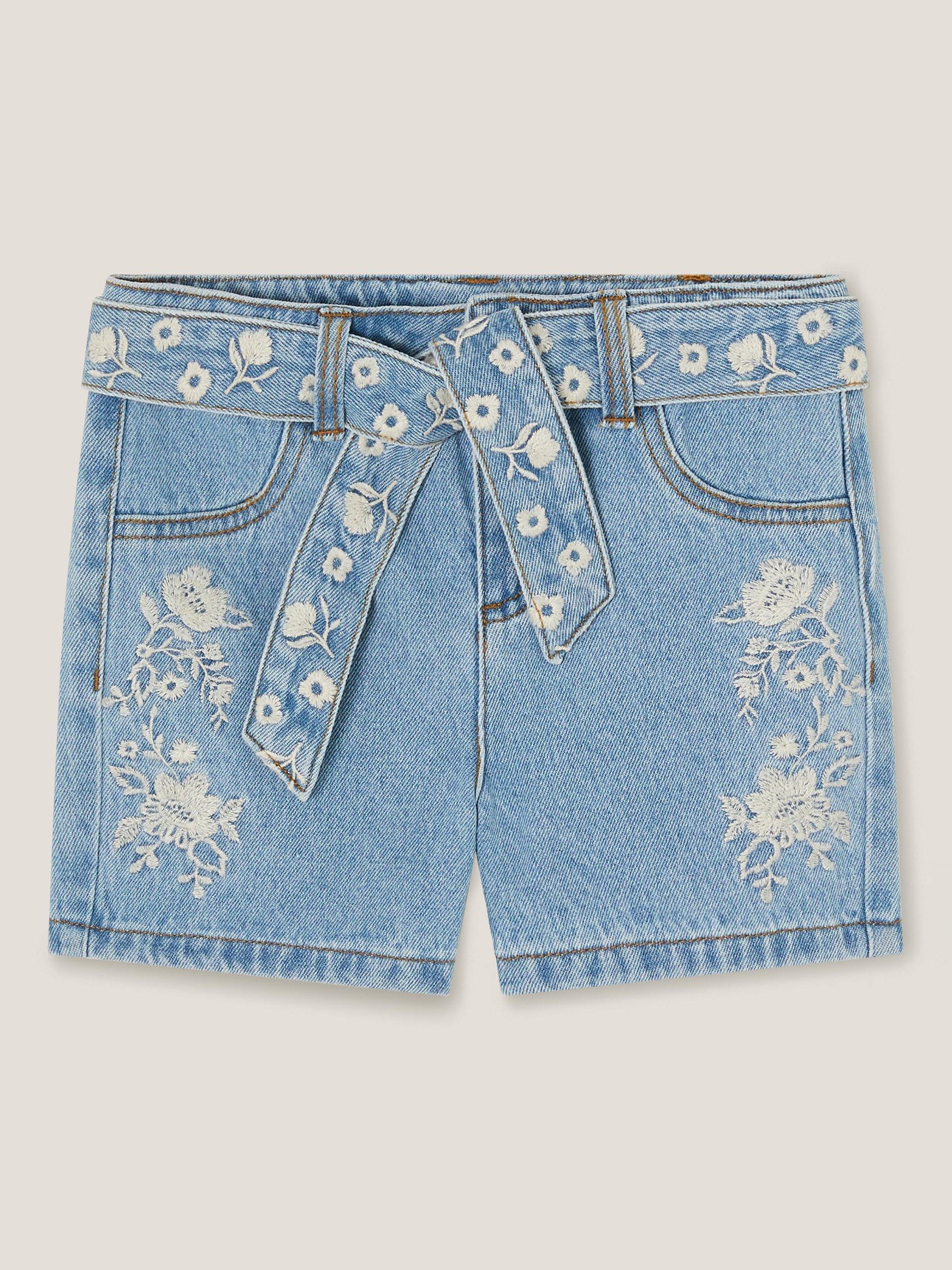 Product image 2 of 4, which shows Monsoon Kids' Floral Denim Shorts, Blue, 5 years