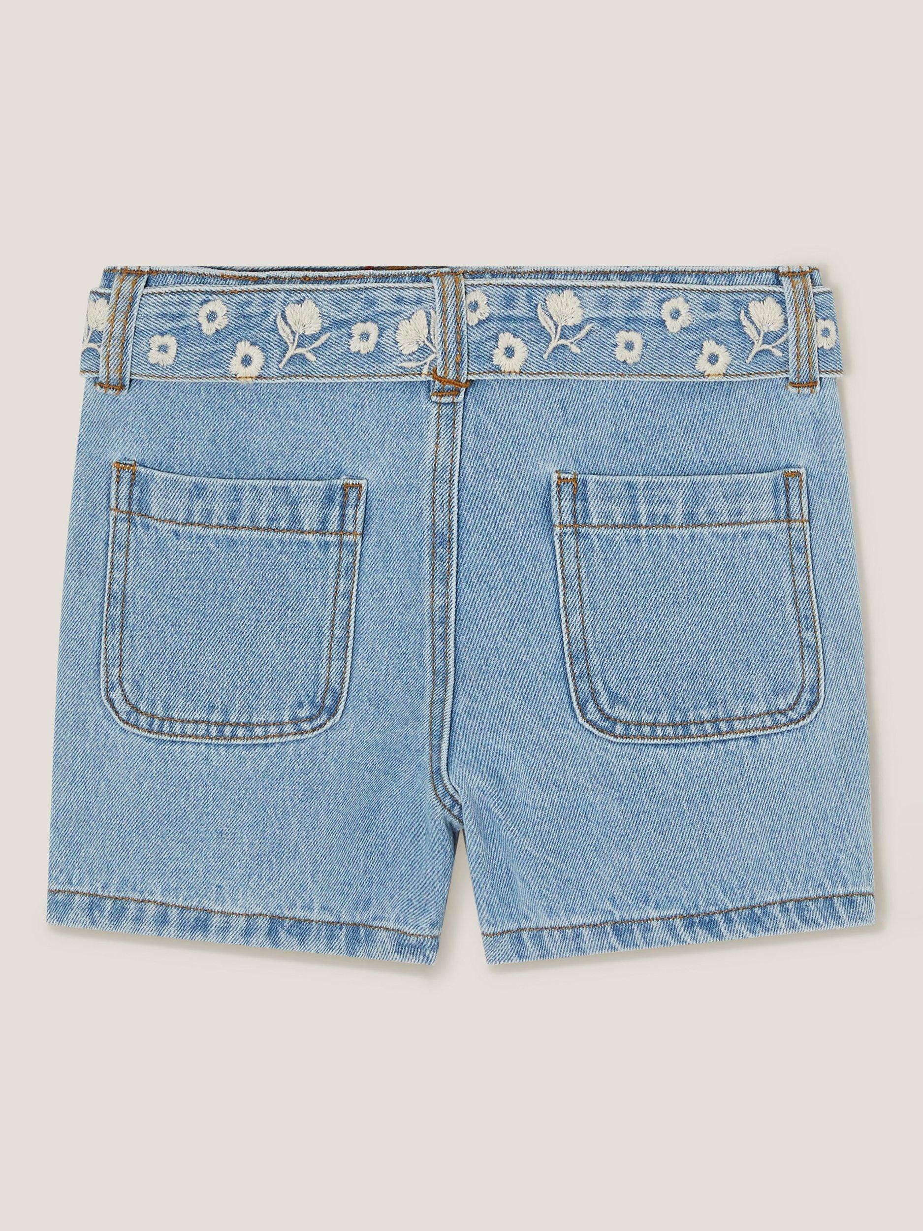 Product image 3 of 4, which shows Monsoon Kids' Floral Denim Shorts, Blue, 5 years