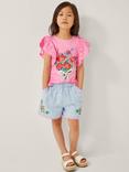 Monsoon Kids' Floral Embroidery Slub Shorts, Blue