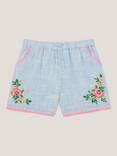 Monsoon Kids' Floral Embroidery Slub Shorts, Blue