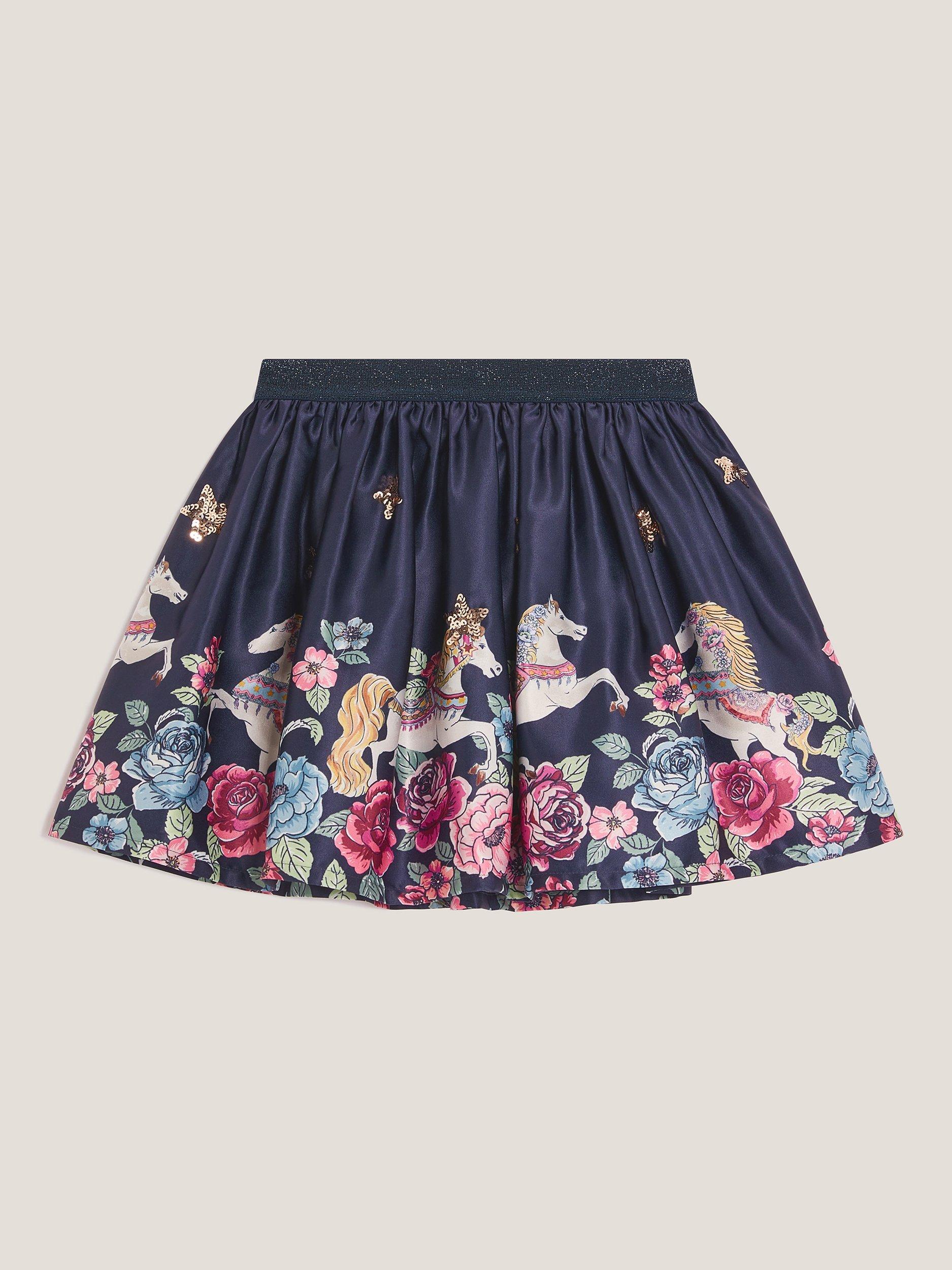 Product image 2 of 4, which shows Monsoon Kids' Satin Floral Horse Skirt, Navy, 3-4 years