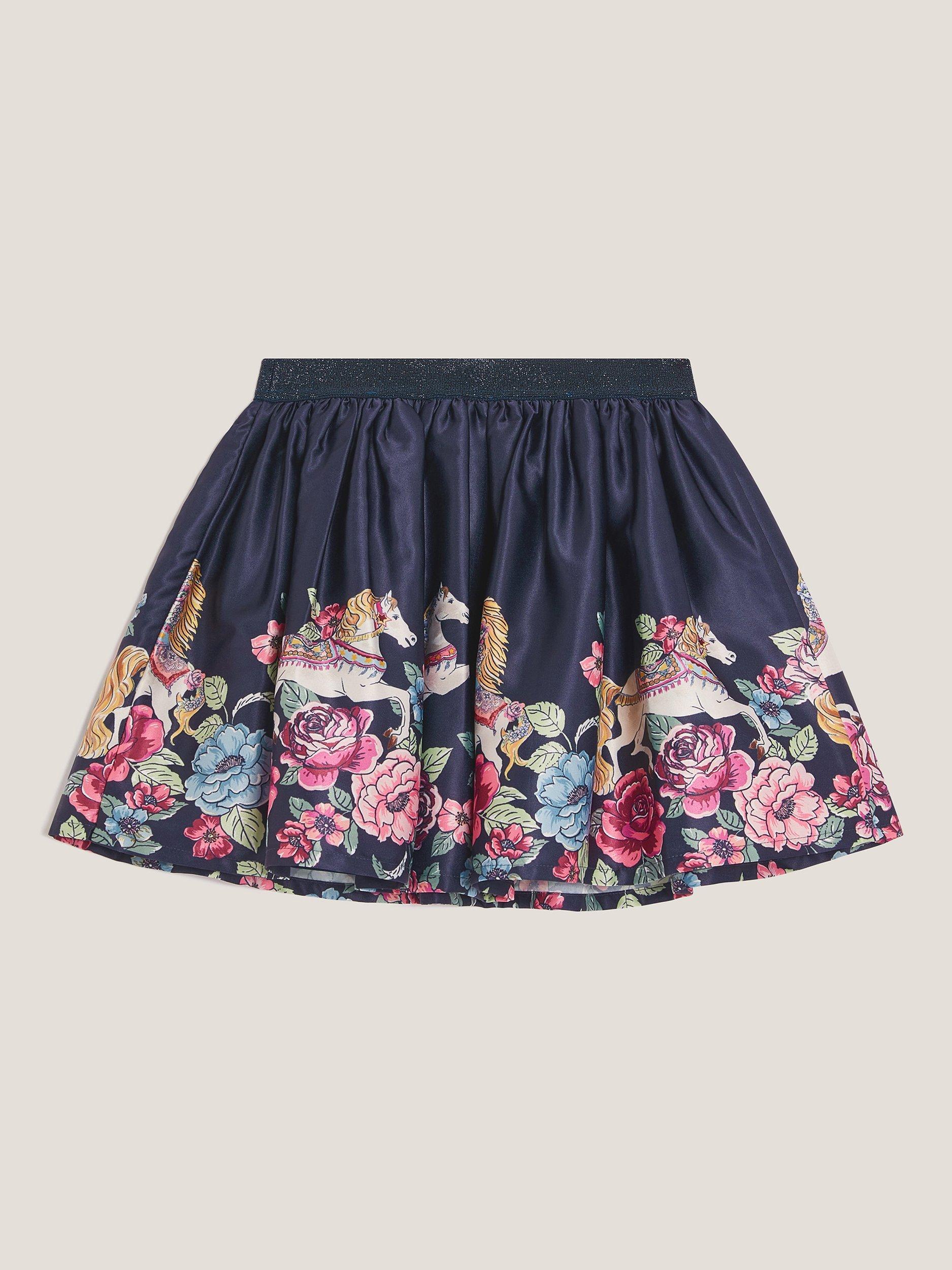 Product image 3 of 4, which shows Monsoon Kids' Satin Floral Horse Skirt, Navy, 3-4 years