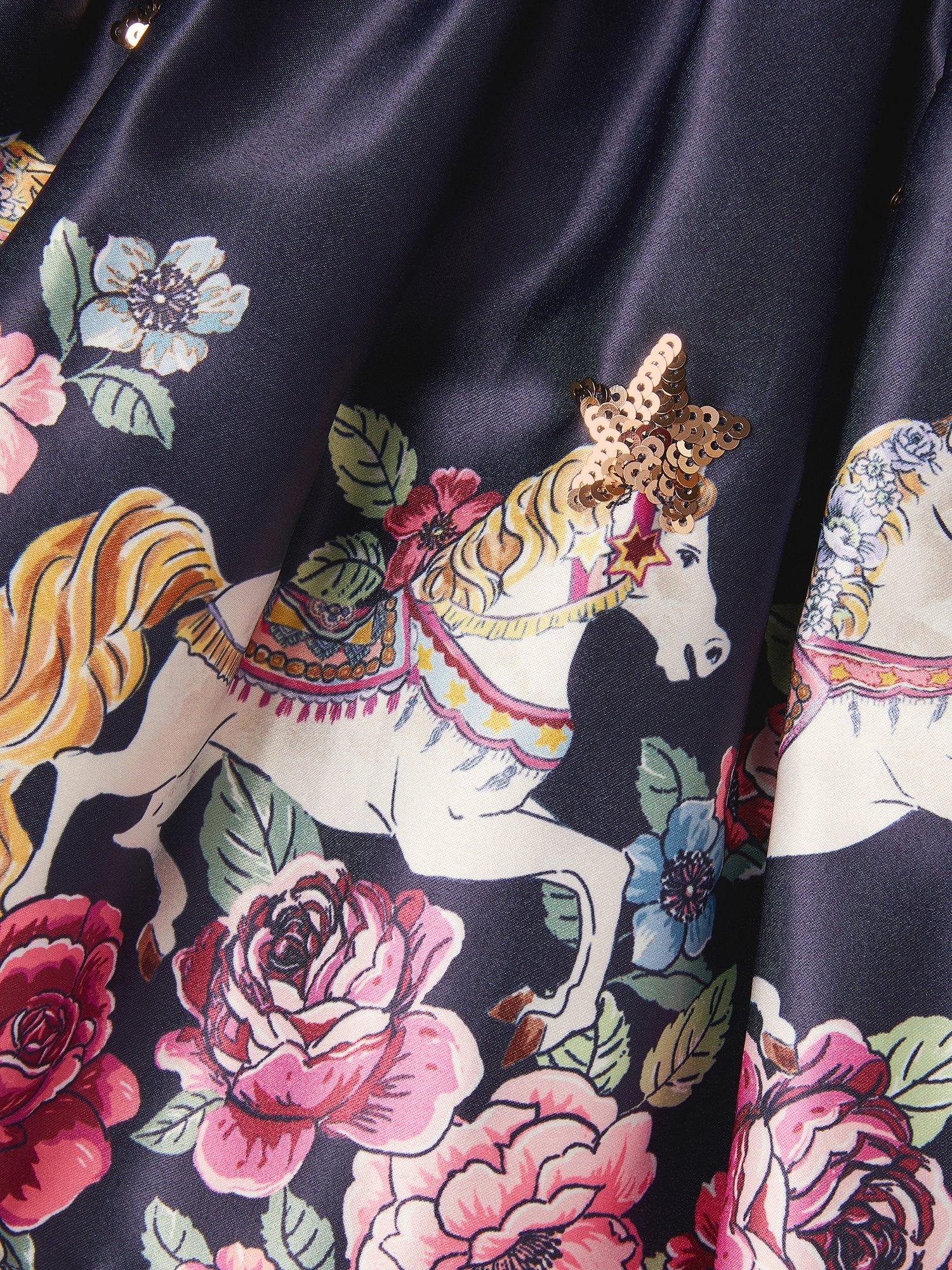 Product image 4 of 4, which shows Monsoon Kids' Satin Floral Horse Skirt, Navy, 3-4 years
