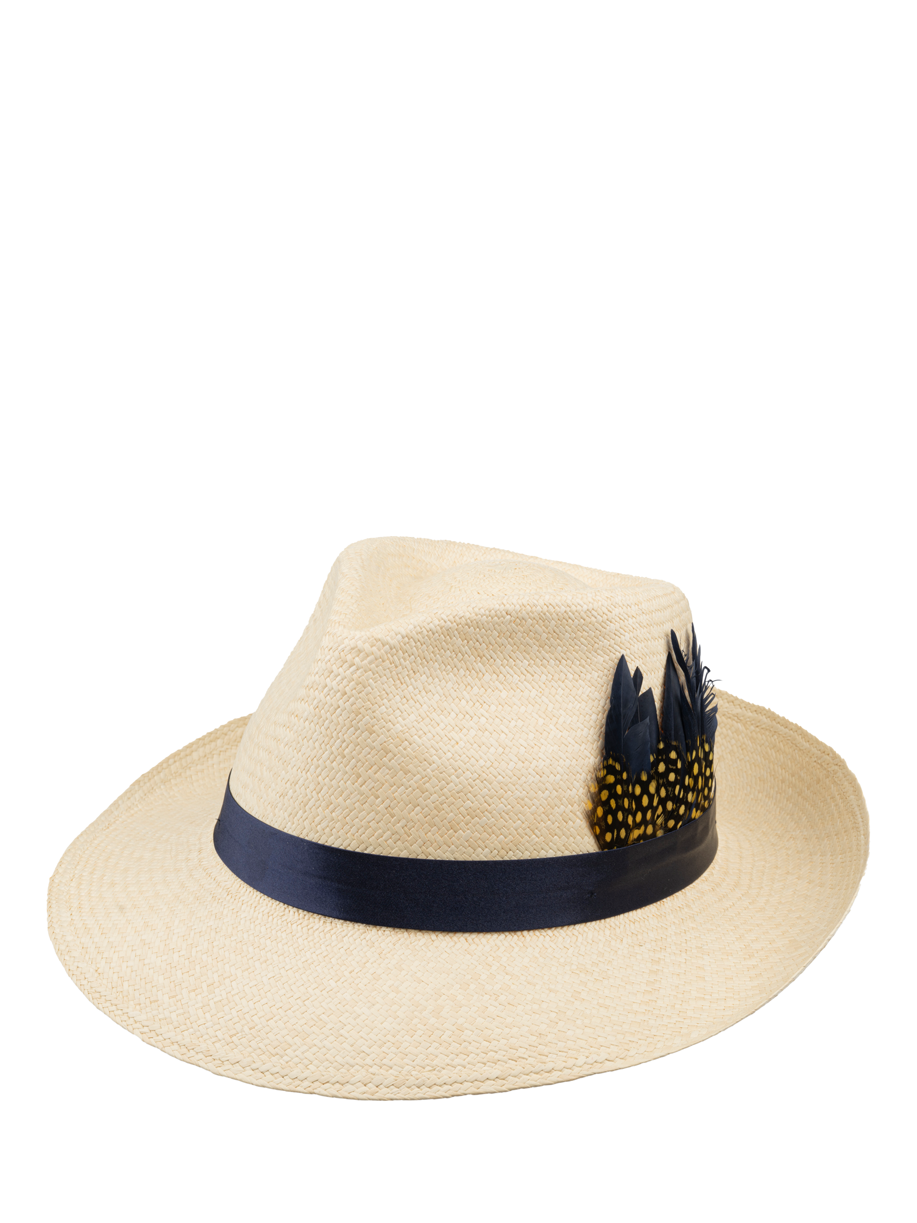 Product image 1 of 6, which shows Christy Feather Headband Trilby Panama Hat, Ivory/Navy Satin, M