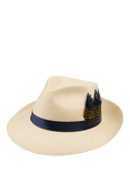Christy Feather Headband Trilby Panama Hat, Ivory/Navy Satin