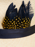 Christy Feather Headband Trilby Panama Hat, Ivory/Navy Satin