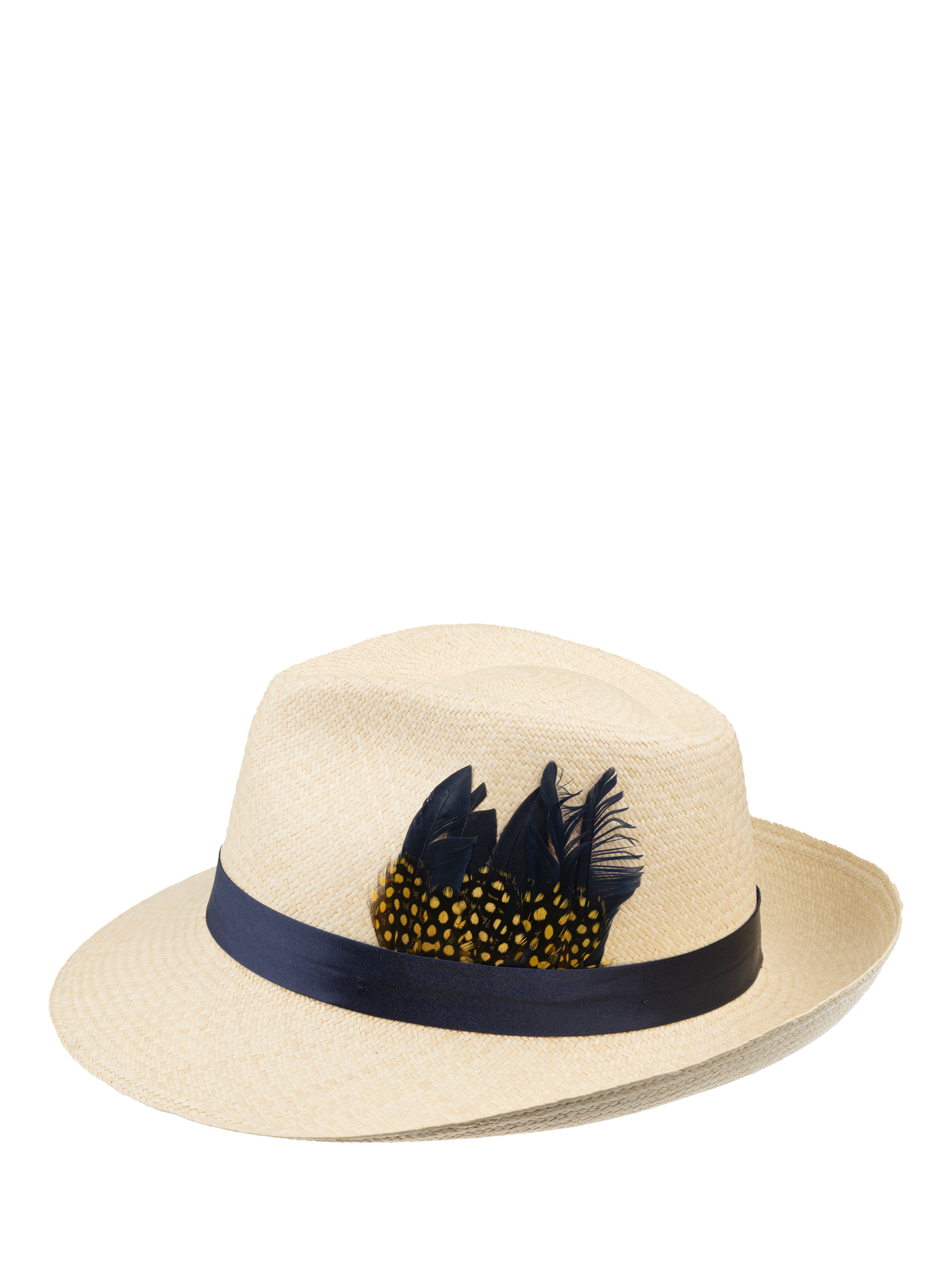 Product image 4 of 6, which shows Christy Feather Headband Trilby Panama Hat, Ivory/Navy Satin, M