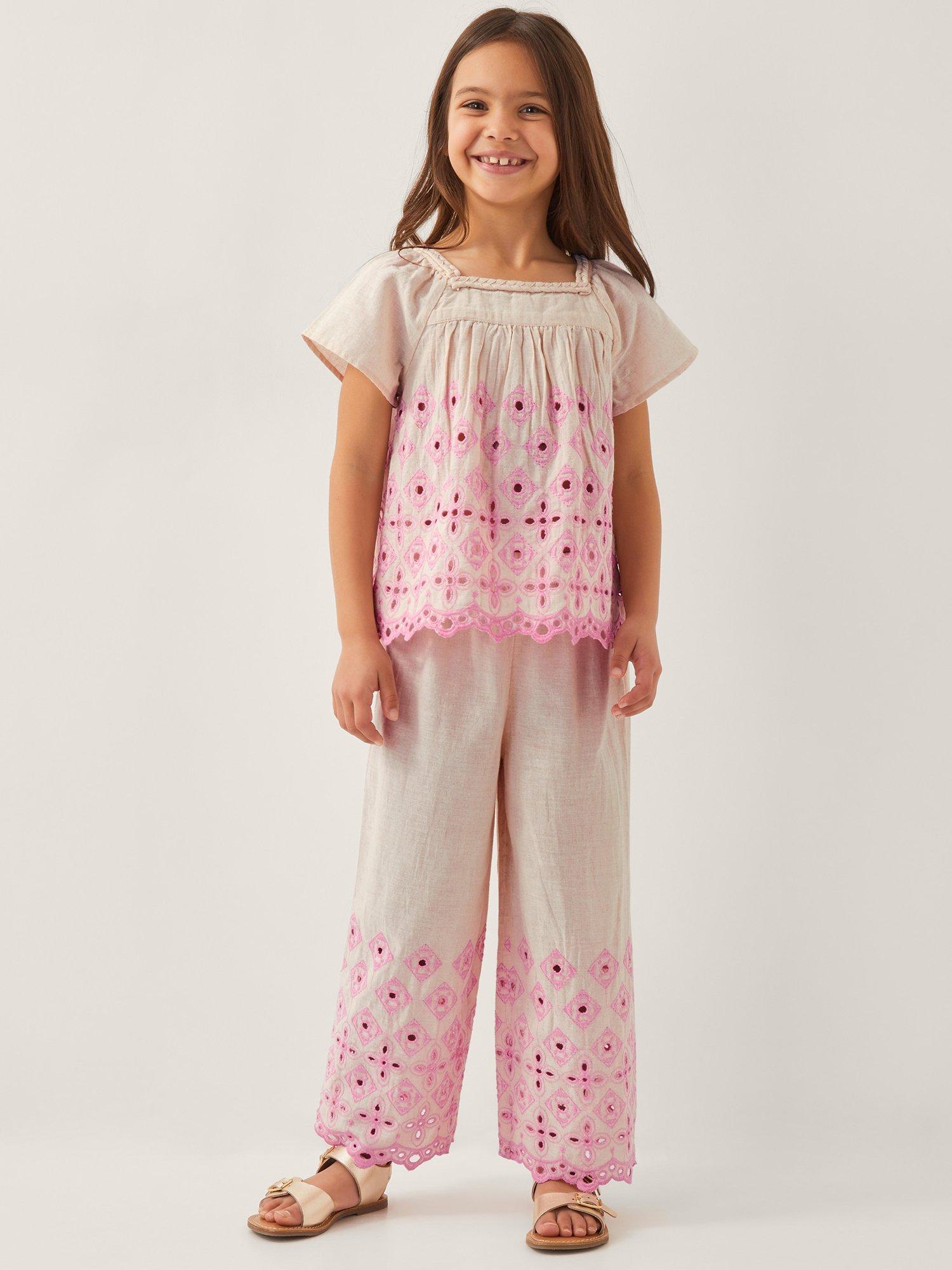 Product image 1 of 4, which shows Monsoon Kids' Cotton Linen Blend Broderie Top, Ivory, 3 years