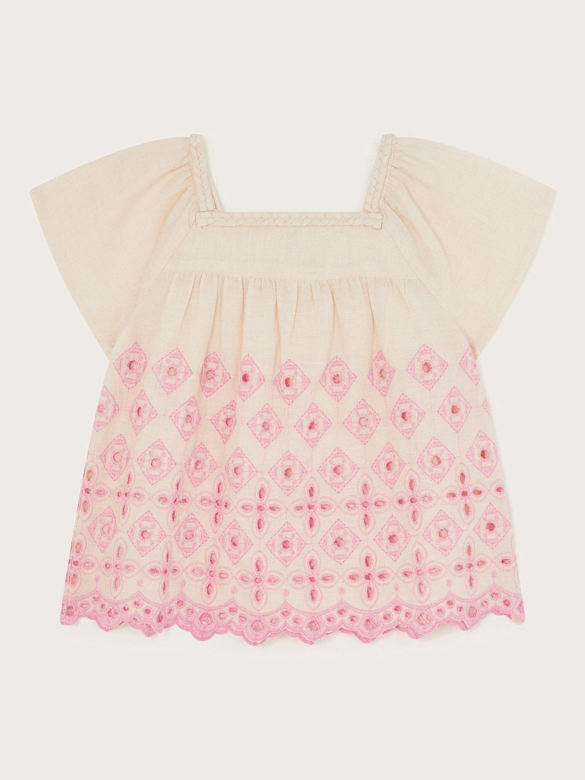 Product image 2 of 4, which shows Monsoon Kids' Cotton Linen Blend Broderie Top, Ivory, 3 years