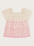 Monsoon Kids' Cotton Linen Blend Broderie Top, Ivory