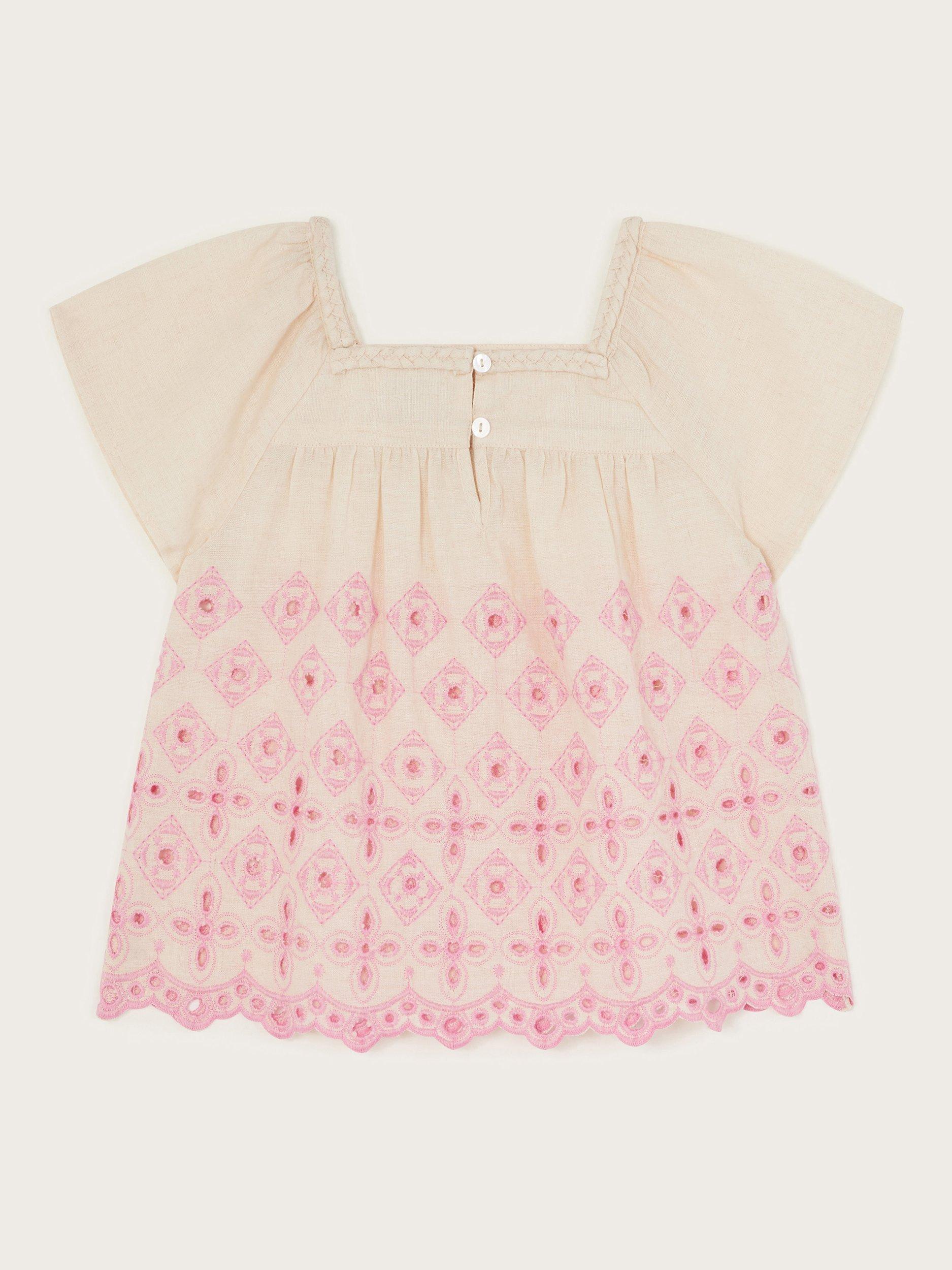 Product image 3 of 4, which shows Monsoon Kids' Cotton Linen Blend Broderie Top, Ivory, 3 years