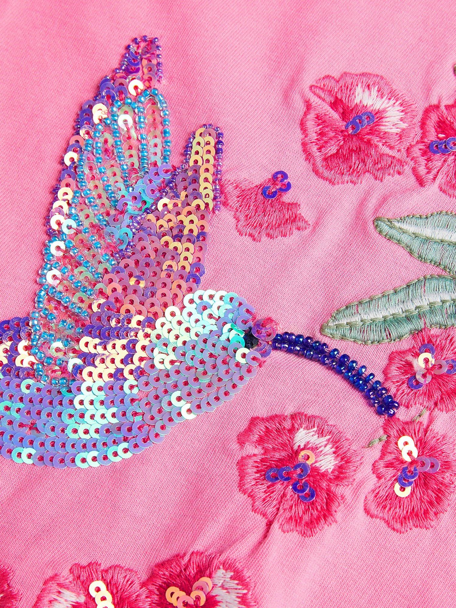 Product image 4 of 4, which shows Monsoon Kids' Cotton Sequin Hummingbird T-Shirt, Pink, 3-4 years