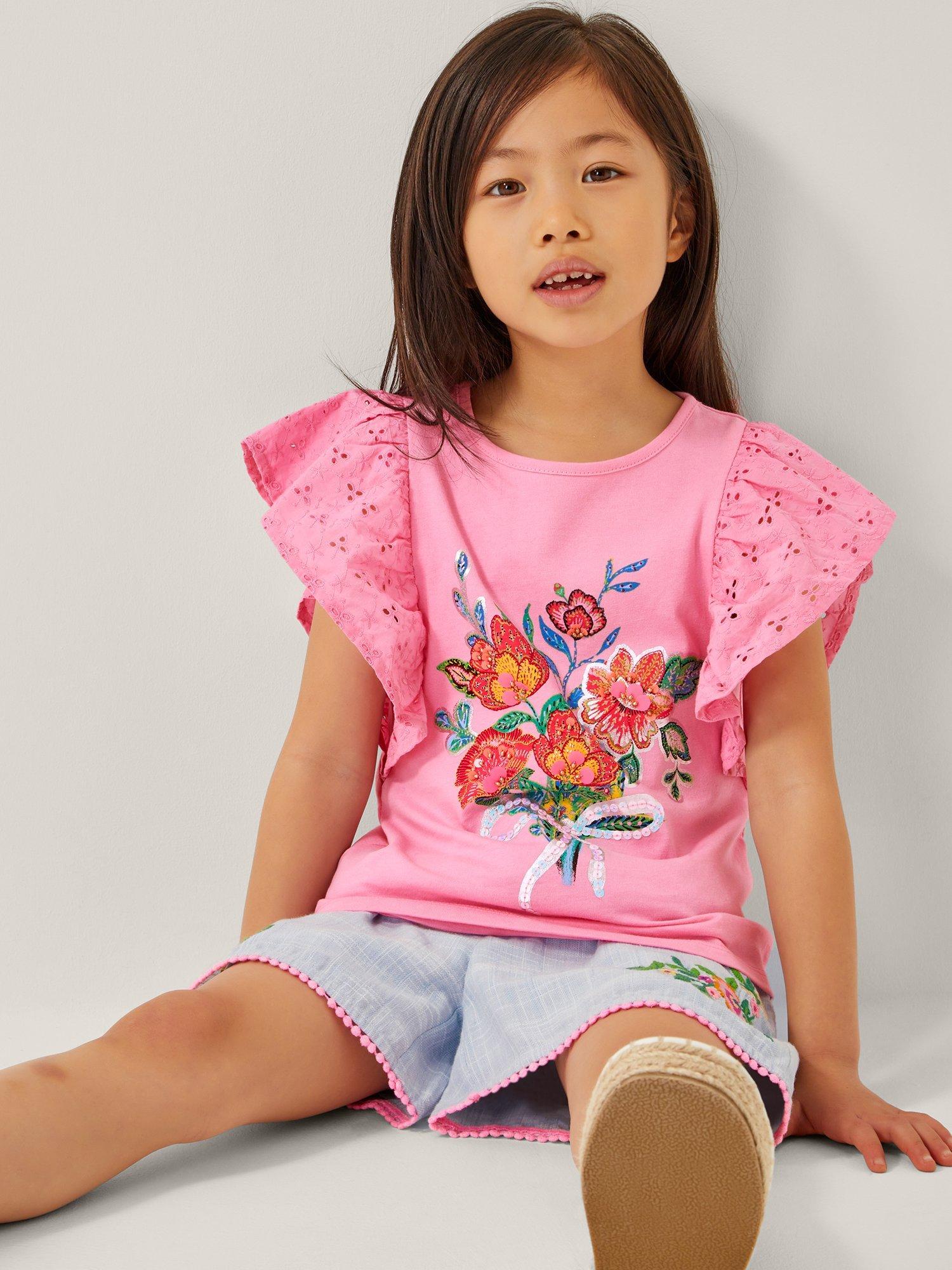 Product image 1 of 4, which shows Monsoon Kids' Floral Sequin Frill Top, Pink, 3-4 years