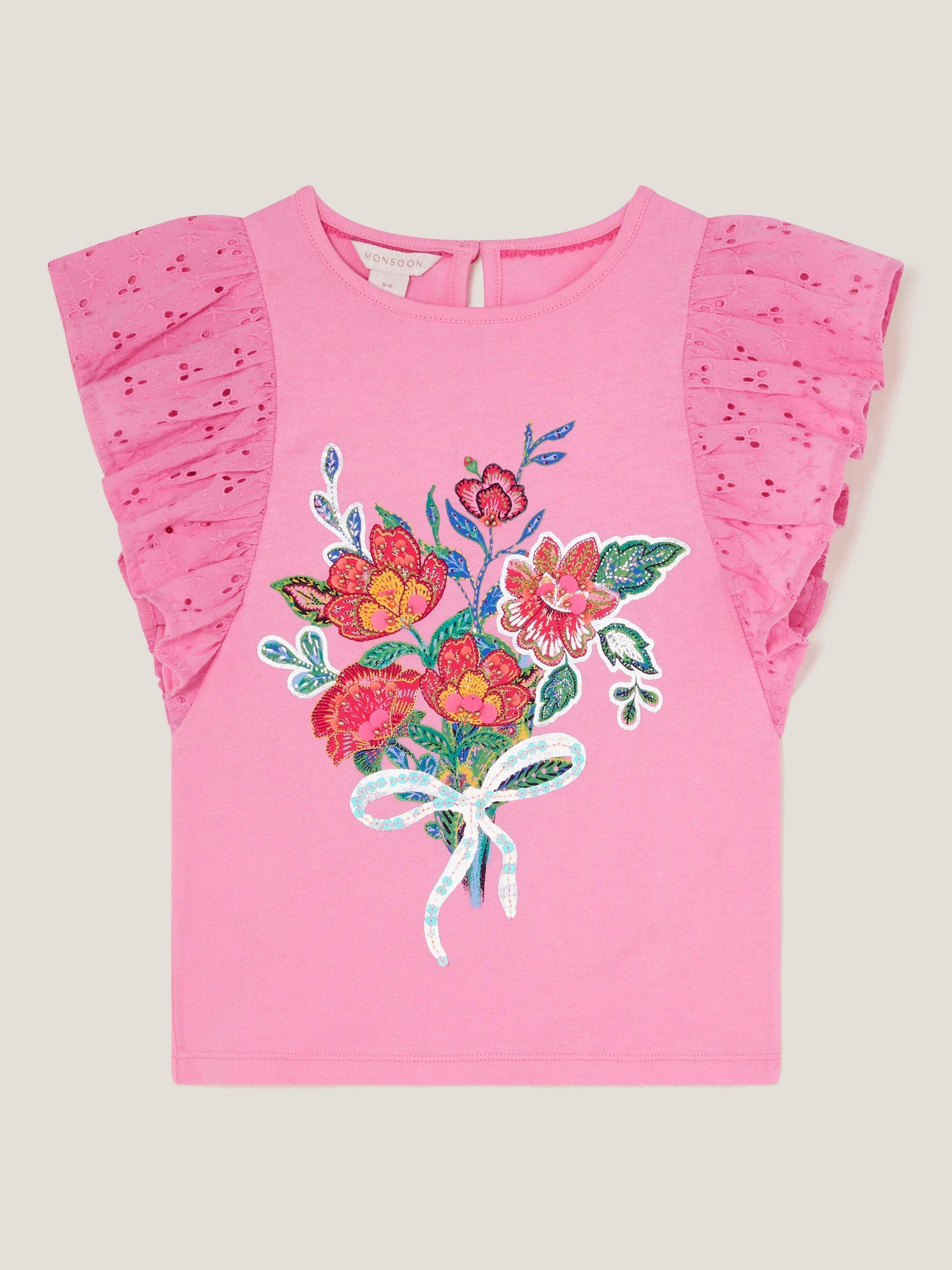 Product image 2 of 4, which shows Monsoon Kids' Floral Sequin Frill Top, Pink, 3-4 years