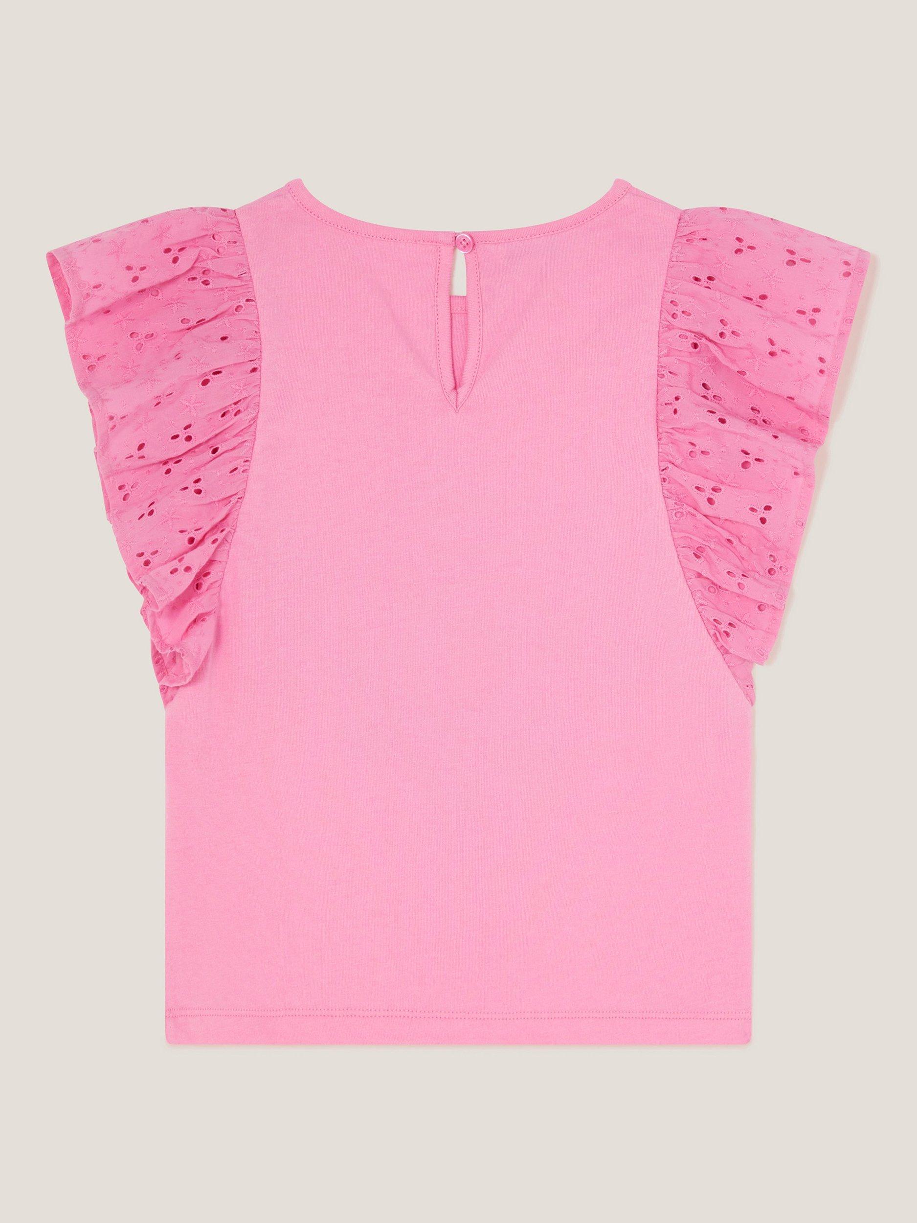 Product image 3 of 4, which shows Monsoon Kids' Floral Sequin Frill Top, Pink, 3-4 years