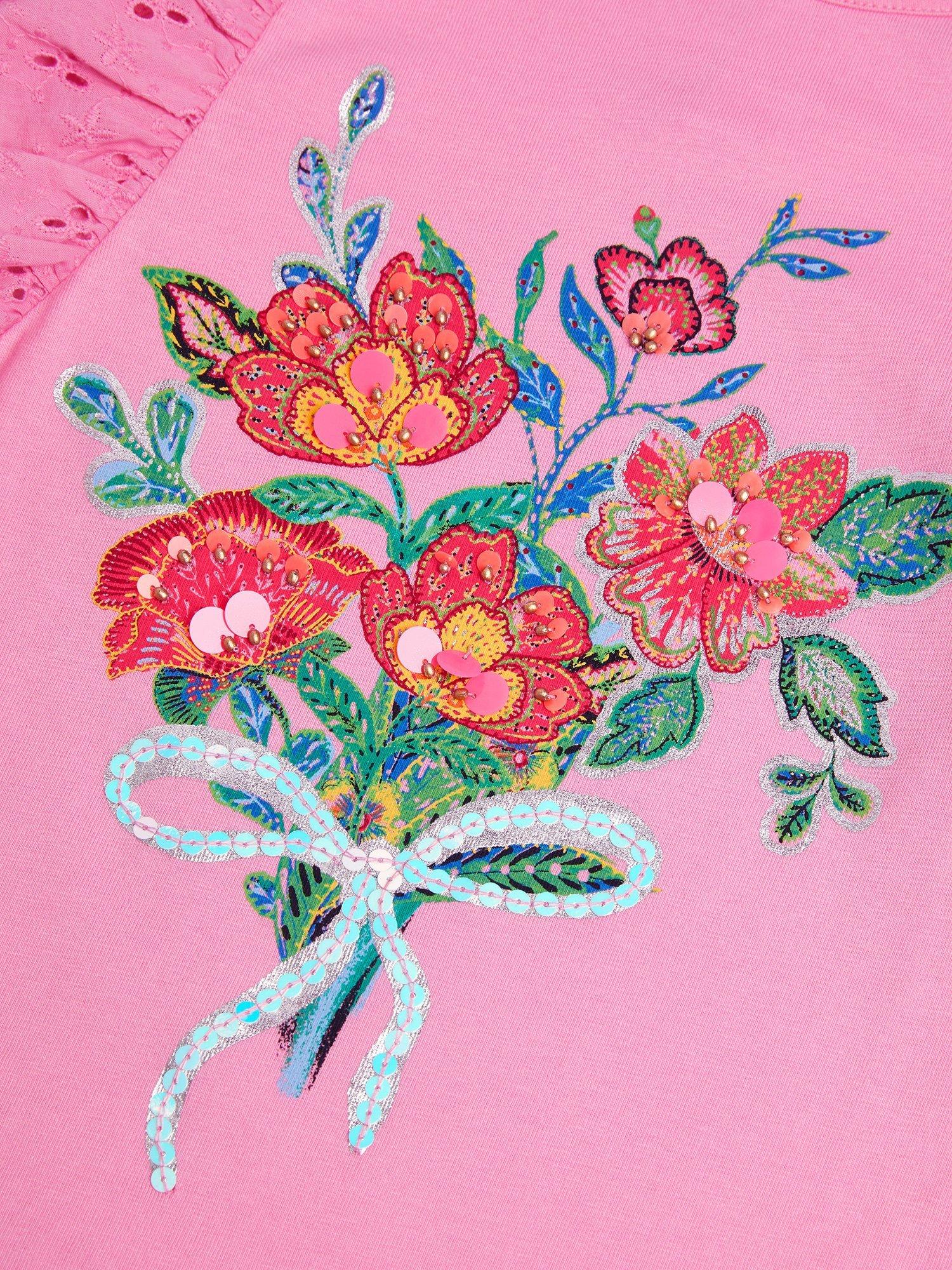 Product image 4 of 4, which shows Monsoon Kids' Floral Sequin Frill Top, Pink, 3-4 years