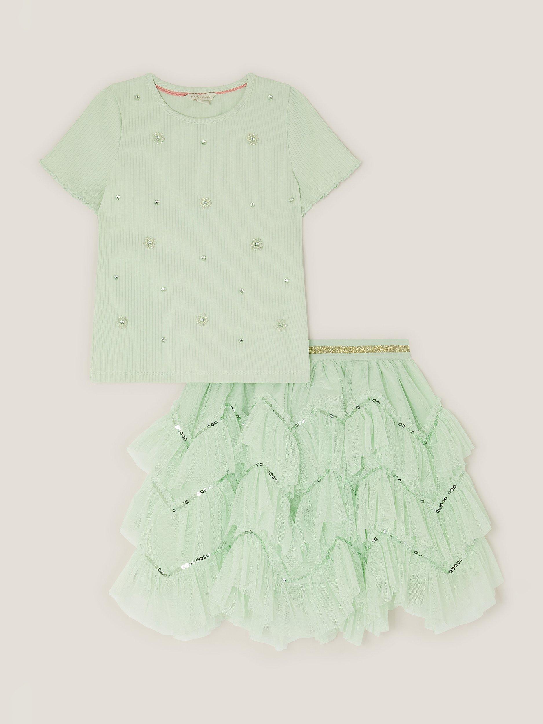 Product image 2 of 4, which shows Monsoon Kids' Ruffle Beaded T-Shirt & Skirt Set, Green, 3-4 years