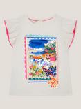 Monsoon Kids' Cotton Ruffle Sleeve Resort Print T-Shirt, Ivory, Ivory