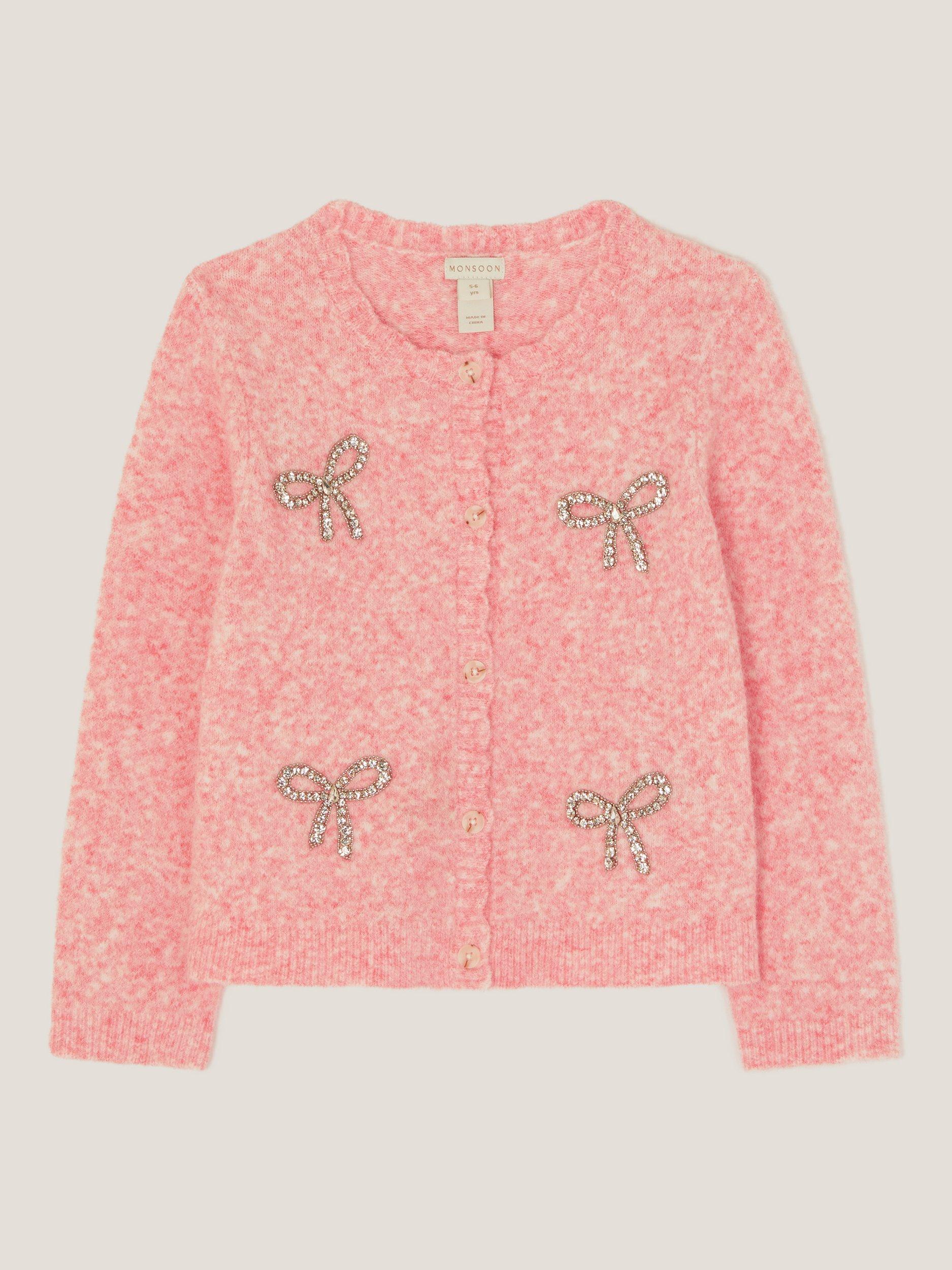 Product image 1 of 3, which shows Monsoon Kids' Long Sleeved Sequin Bow Button Cardigan, Pink, 3-4 years