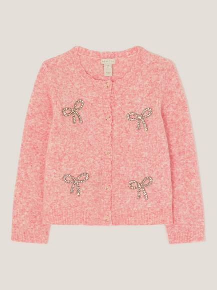 Monsoon Kids' Long Sleeved Sequin Bow Button Cardigan, Pink, Pink