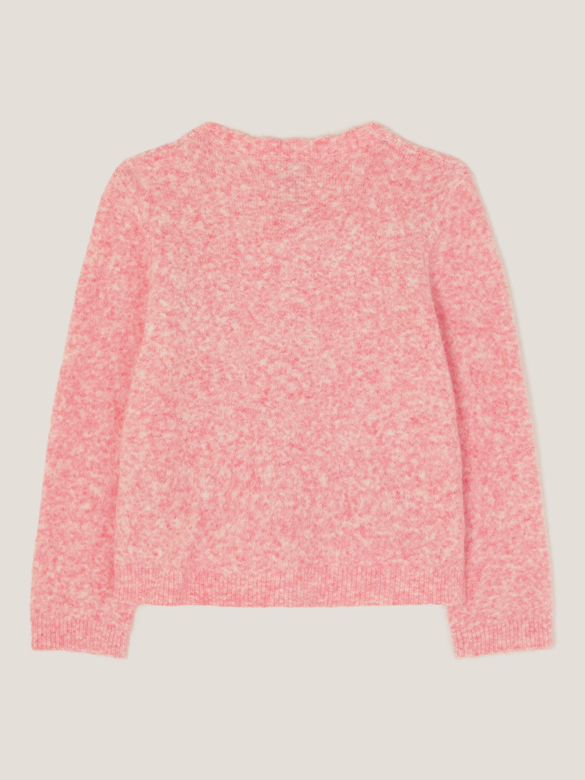 Product image 2 of 3, which shows Monsoon Kids' Long Sleeved Sequin Bow Button Cardigan, Pink, 3-4 years